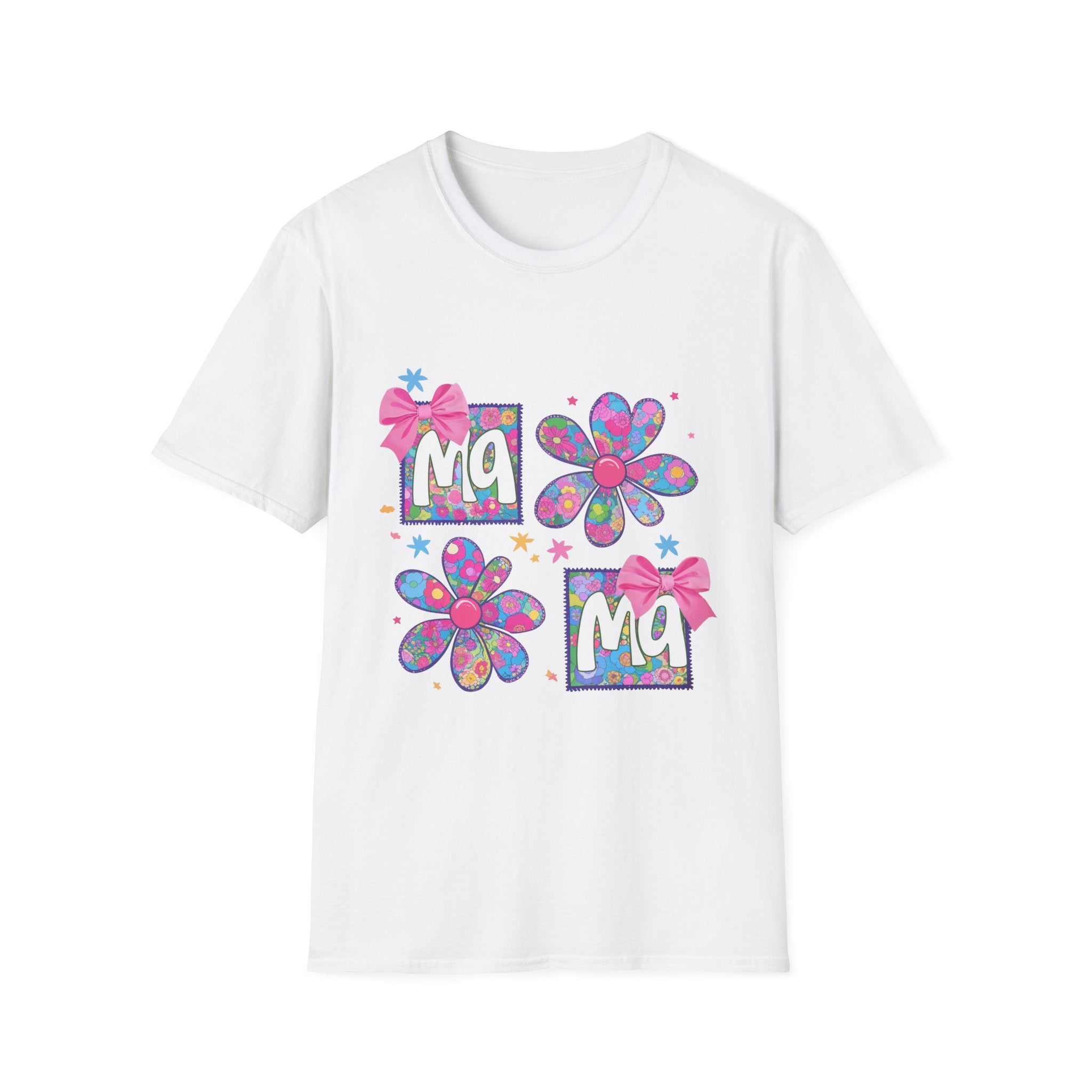 Mama Floral T-Shirt — Colorful 'Ma' Flower Design with Bows