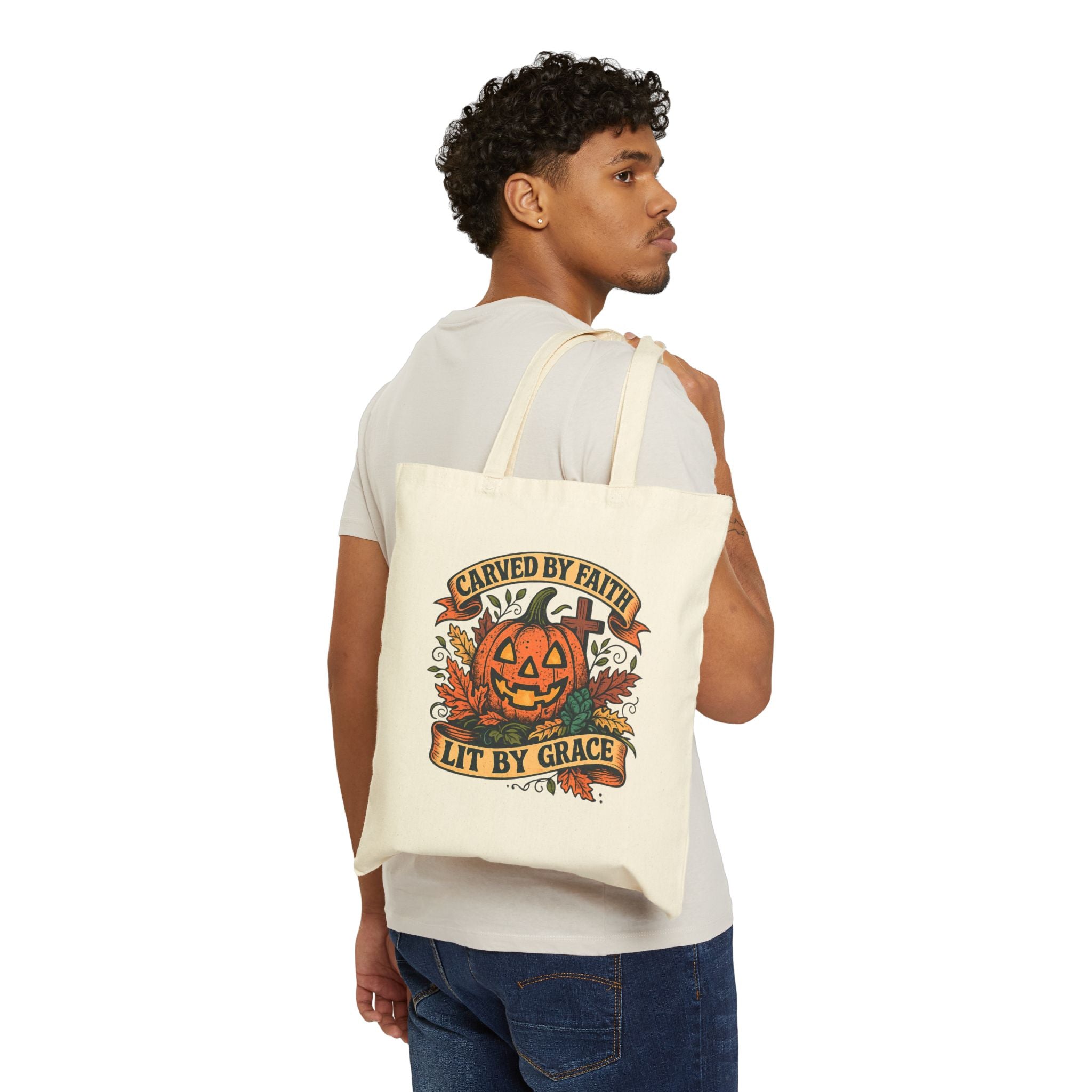 Tote Bag — "Carved by Faith, Lit by Grace" Halloween Pumpkin Tote