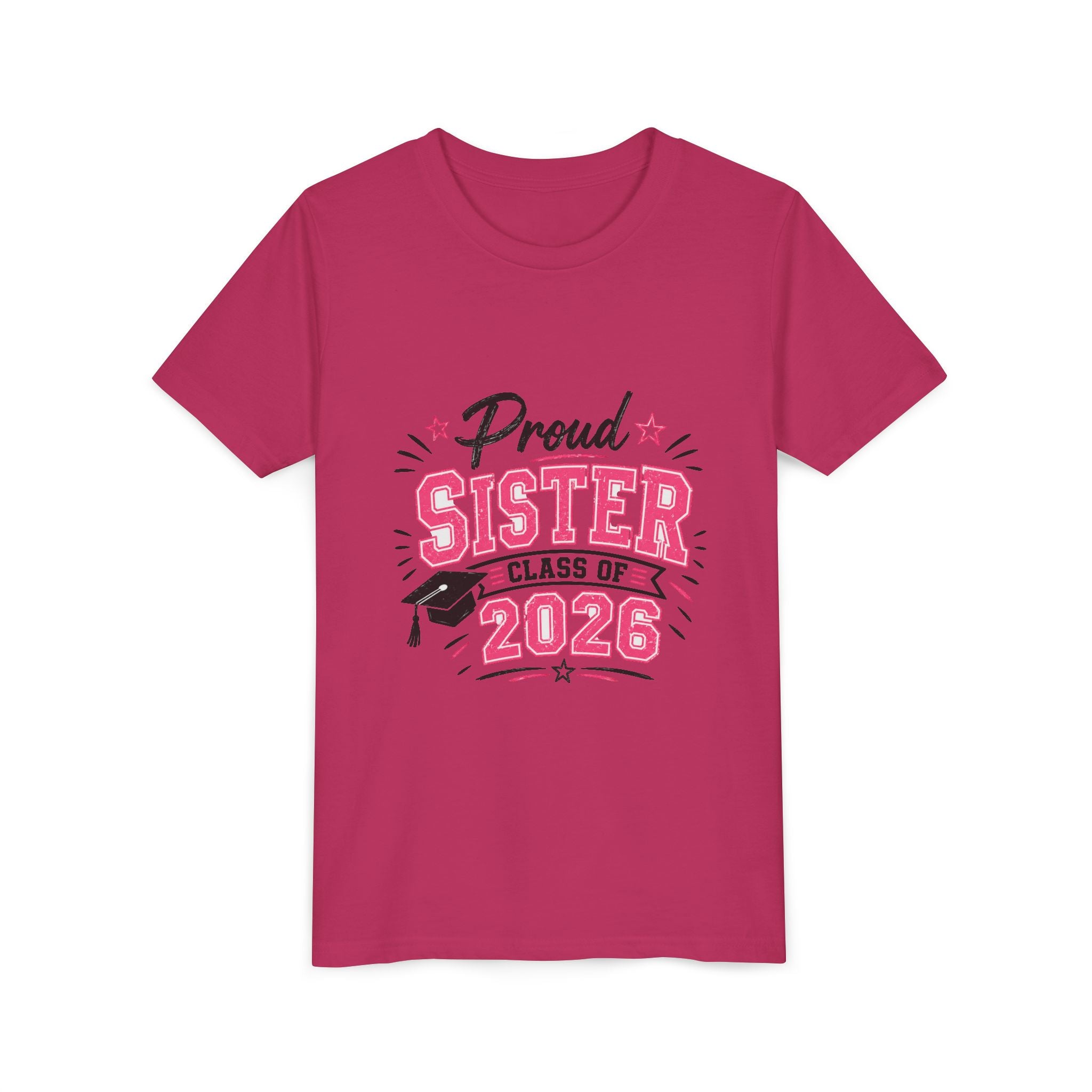 Proud Sister Class of 2026 Youth Tee — Pink Graduation Shirt for Kids