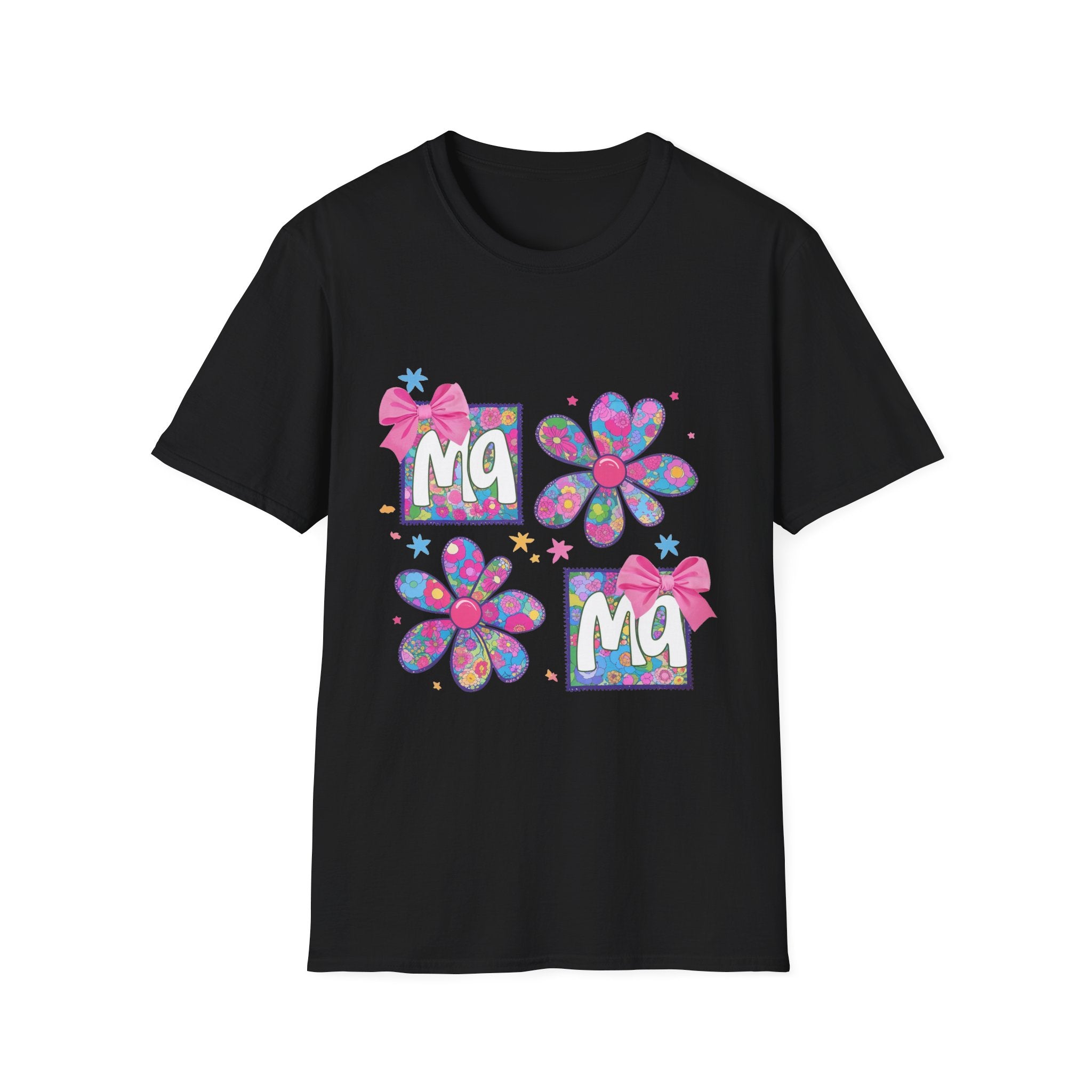 Mama Floral T-Shirt — Colorful 'Ma' Flower Design with Bows