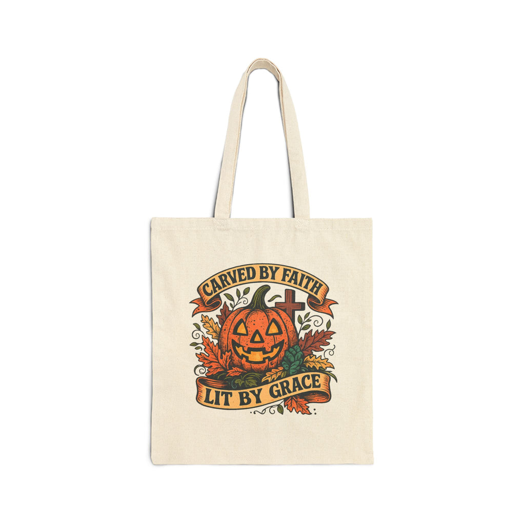 Tote Bag — "Carved by Faith, Lit by Grace" Halloween Pumpkin Tote