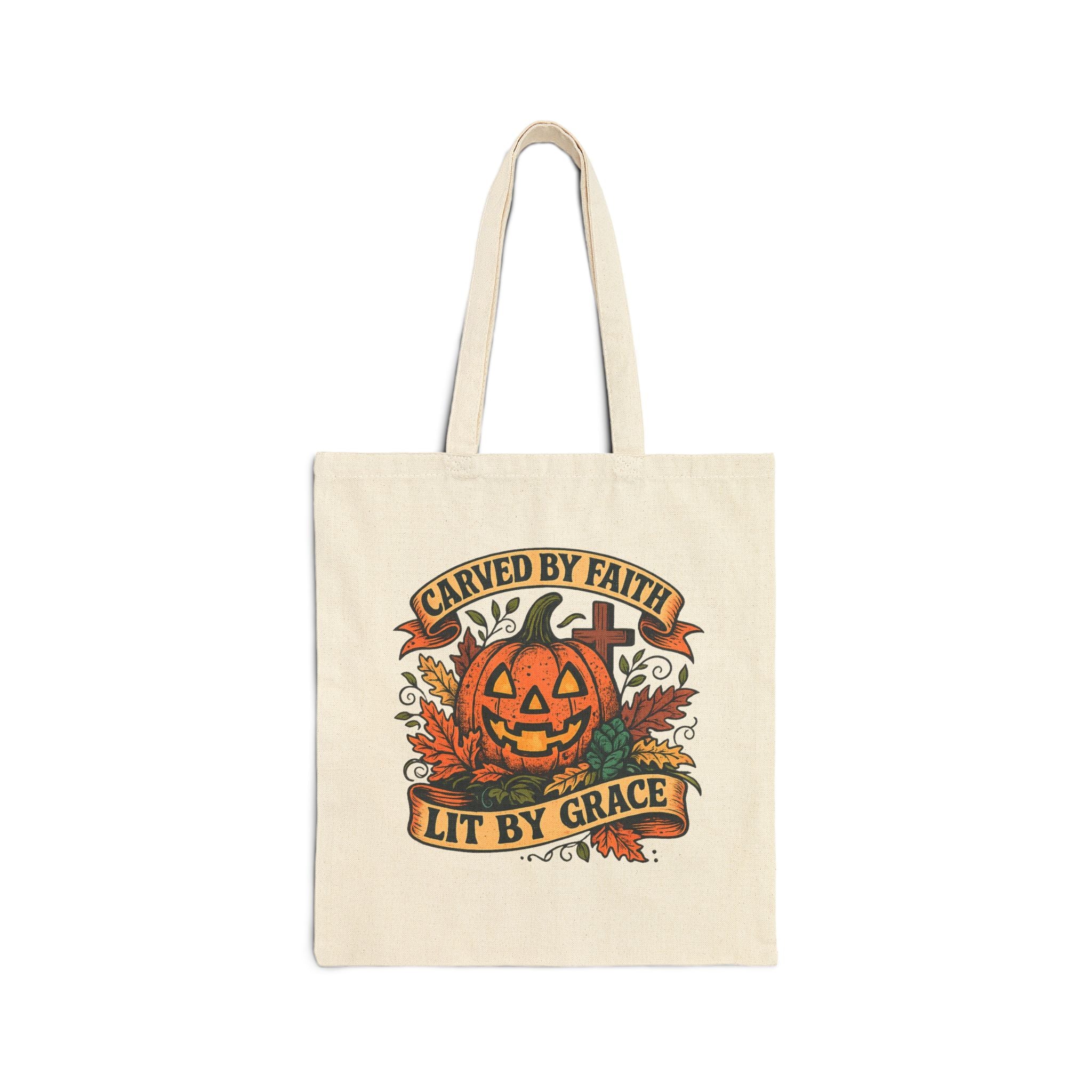 Tote Bag — "Carved by Faith, Lit by Grace" Halloween Pumpkin Tote