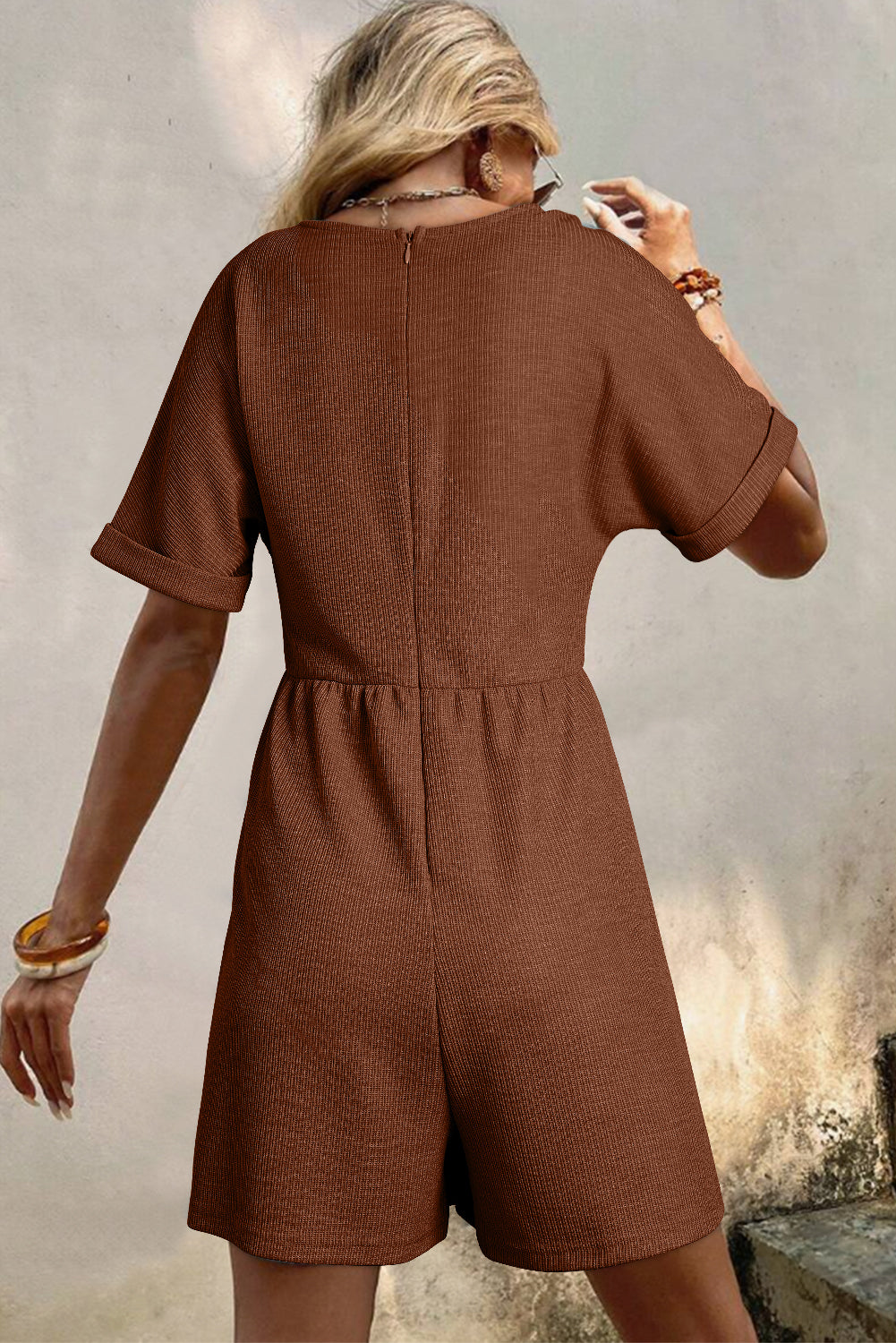 Coffee Solid Color Knit V Neck Zipped Loose Romper