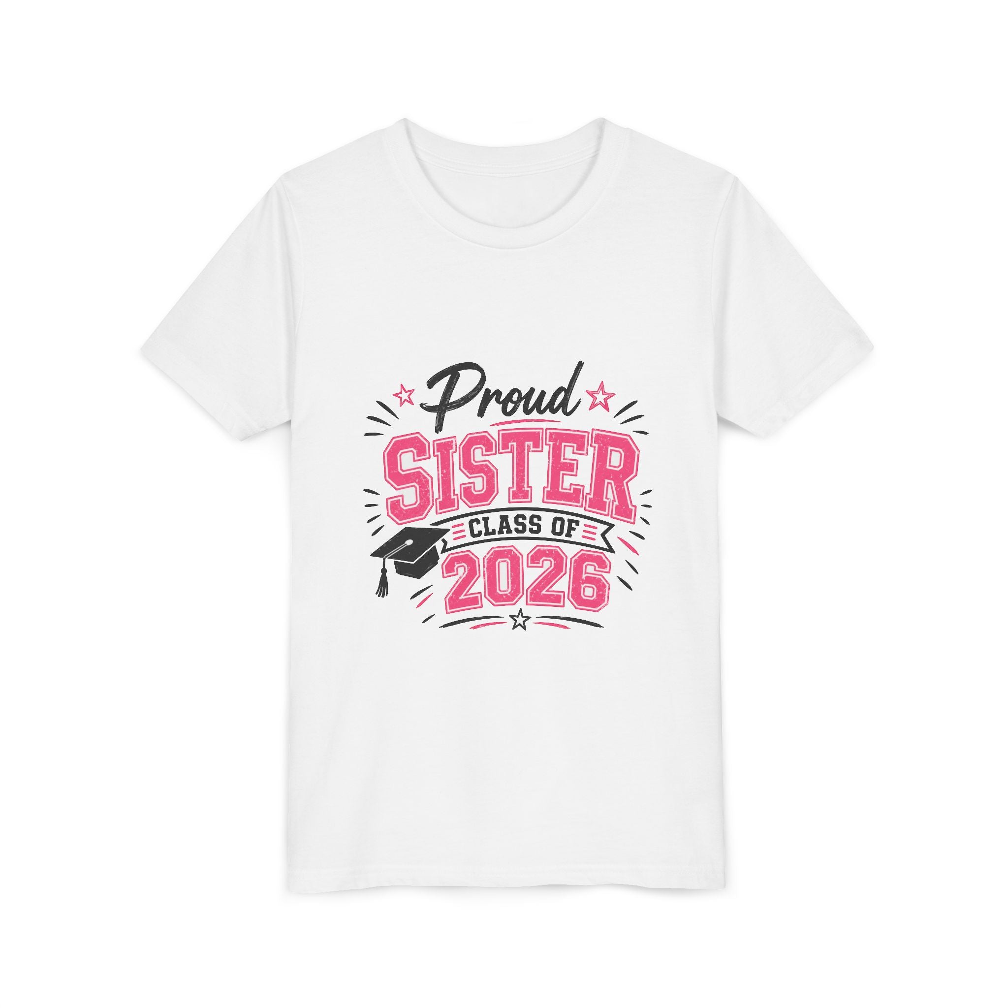 Proud Sister Class of 2026 Youth Tee — Pink Graduation Shirt for Kids