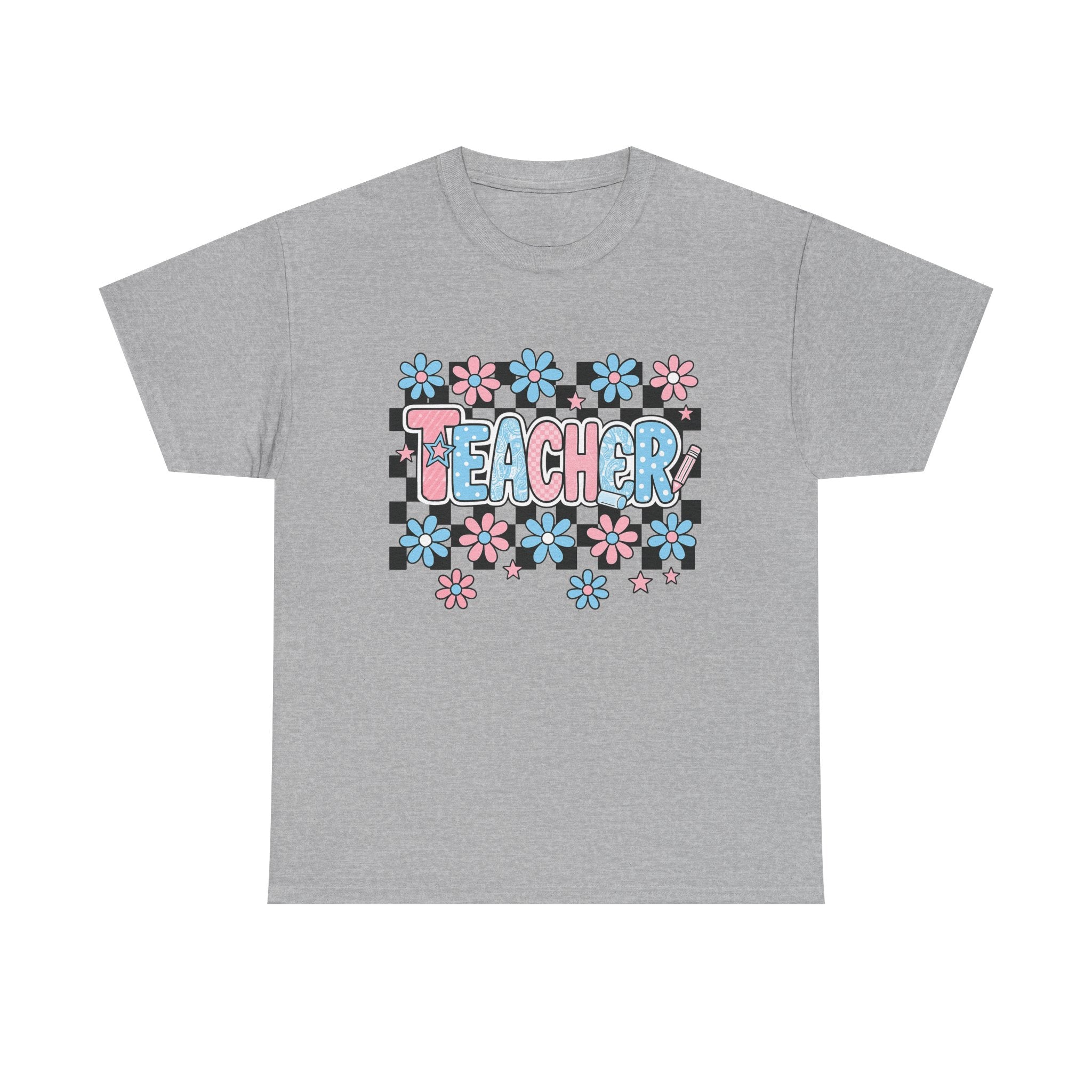 Teacher Floral Tee — Retro Checkerboard Daisy Graphic Shirt