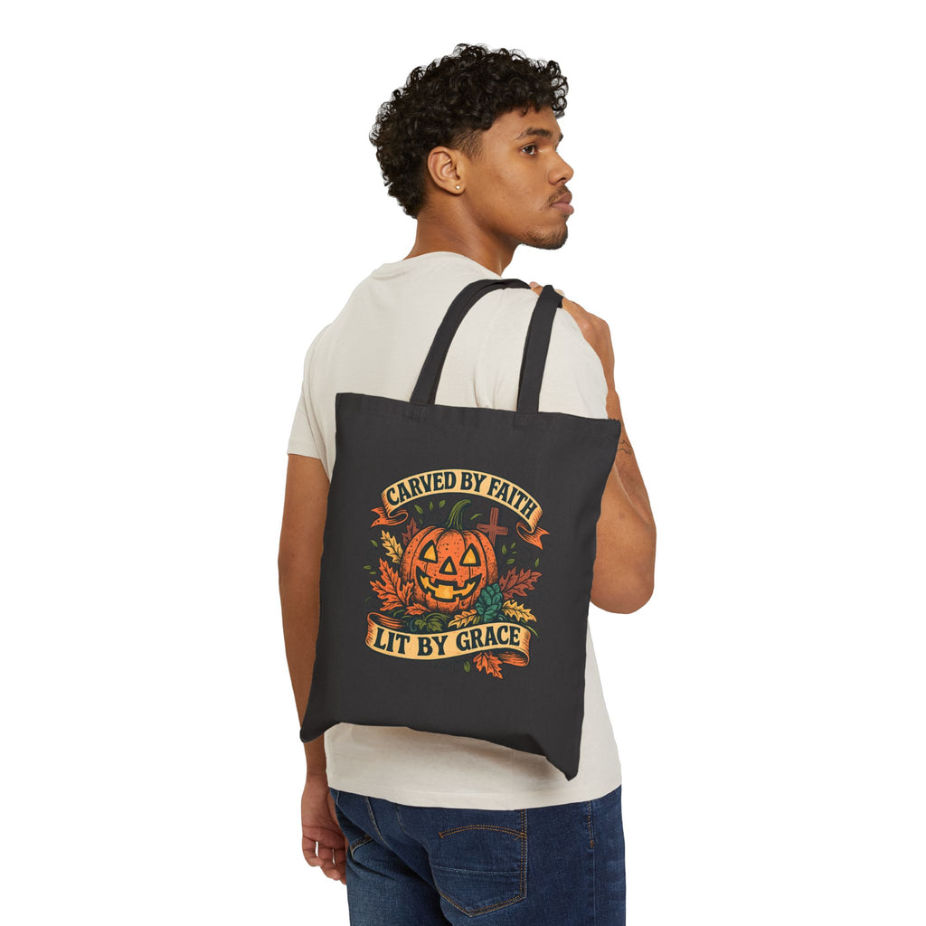 Tote Bag — "Carved by Faith, Lit by Grace" Halloween Pumpkin Tote