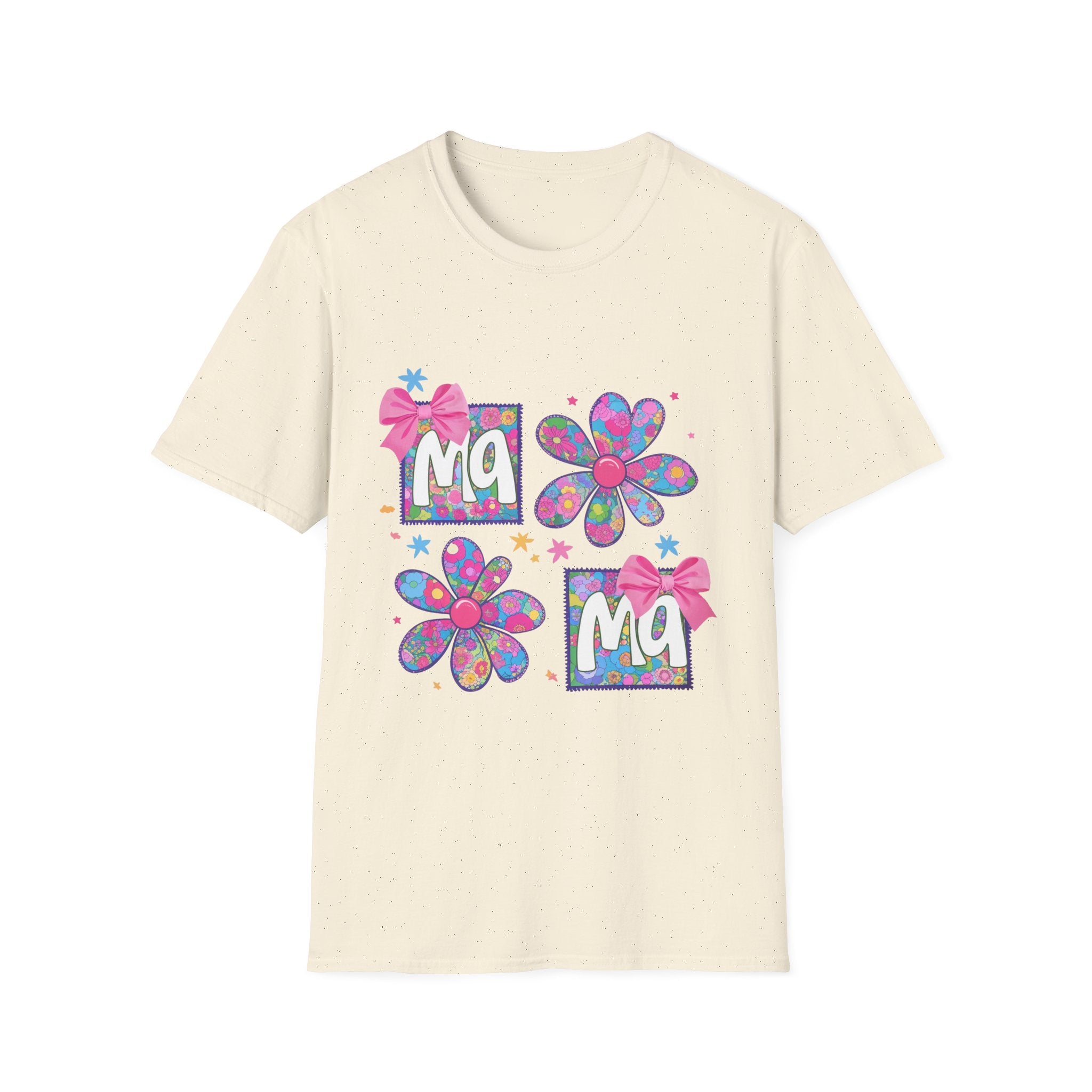 Mama Floral T-Shirt — Colorful 'Ma' Flower Design with Bows