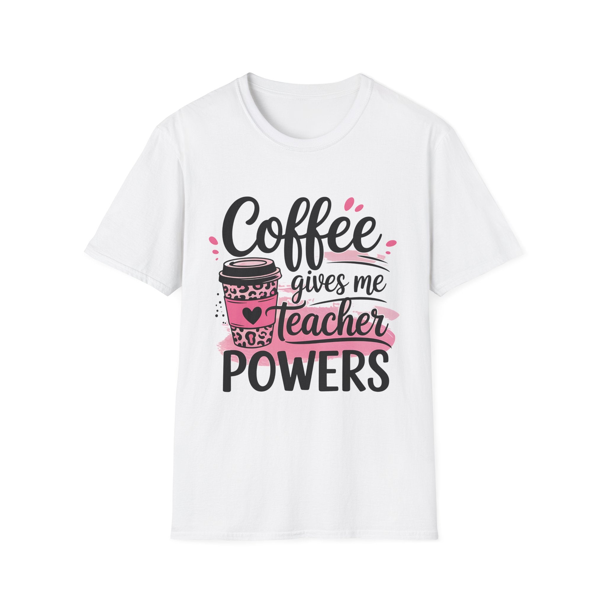 Teacher Coffee T‑Shirt — "Coffee Gives Me Teacher Powers" Cute Pink Travel Mug Design