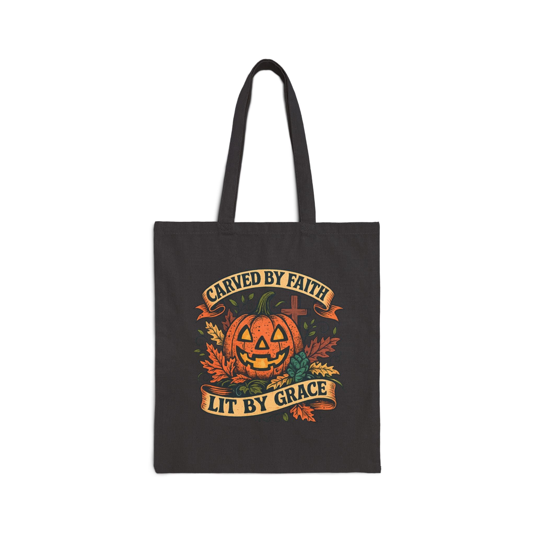 Tote Bag — "Carved by Faith, Lit by Grace" Halloween Pumpkin Tote