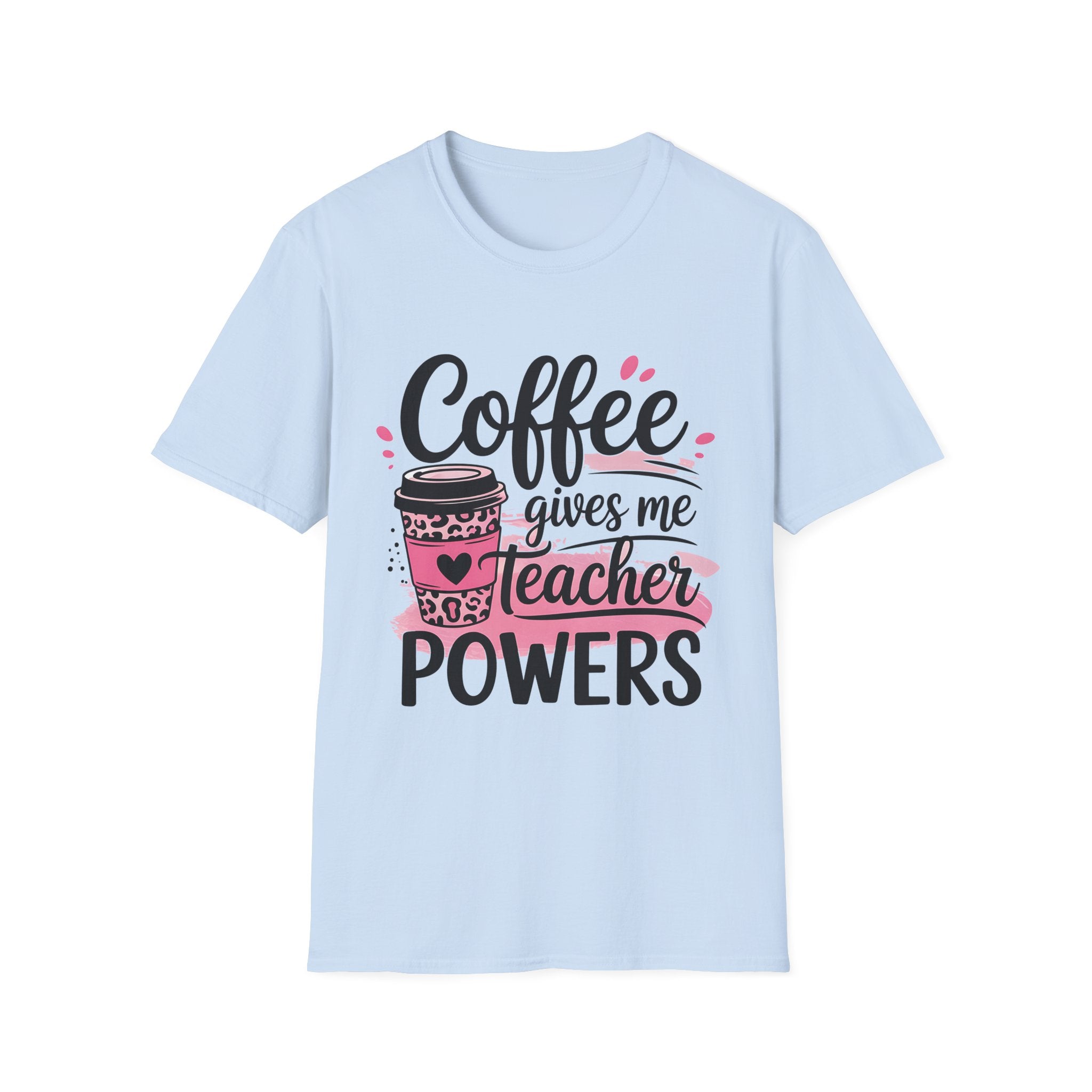 Teacher Coffee T‑Shirt — "Coffee Gives Me Teacher Powers" Cute Pink Travel Mug Design