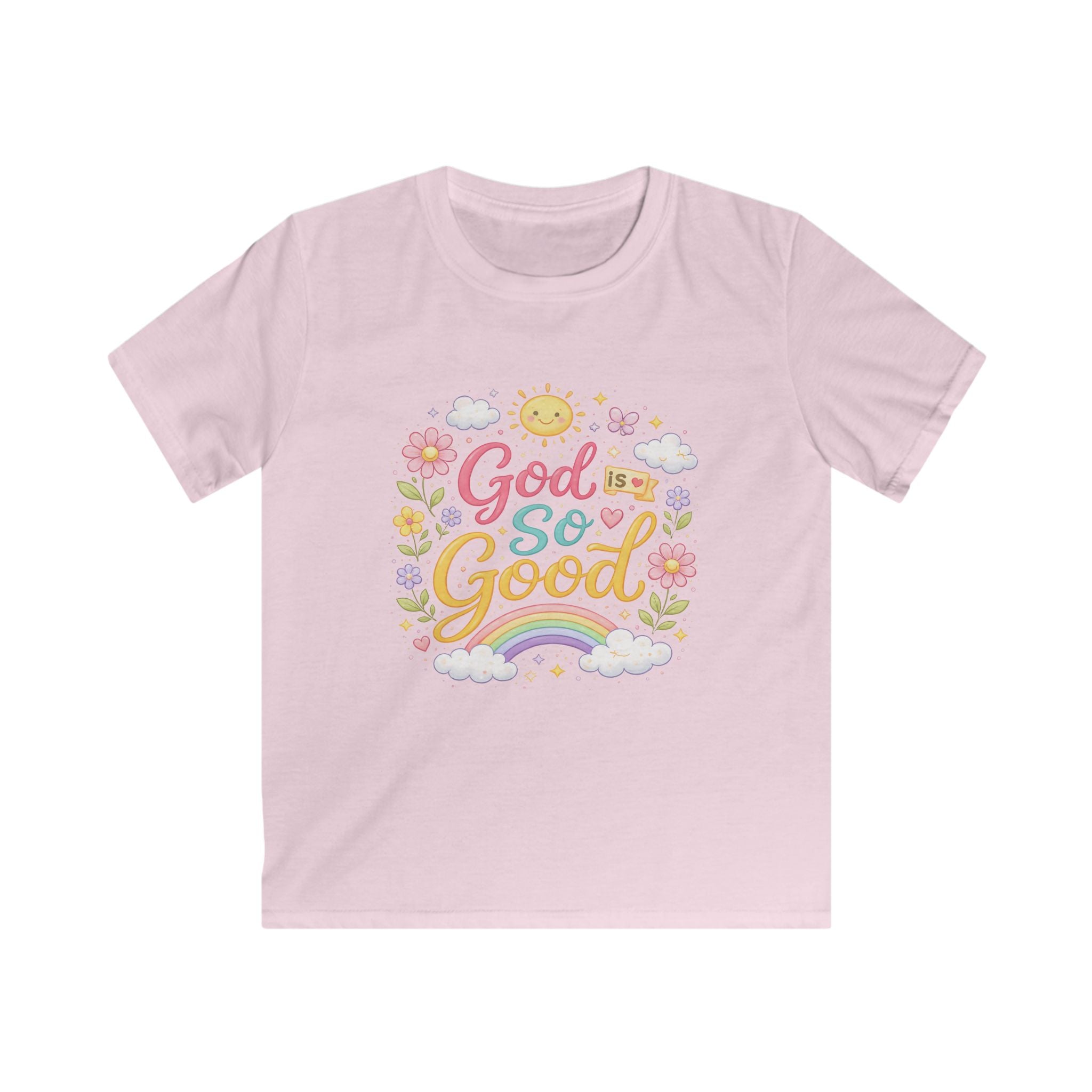 Kids Tee — "God Is So Good" Pastel Rainbow Christian Shirt
