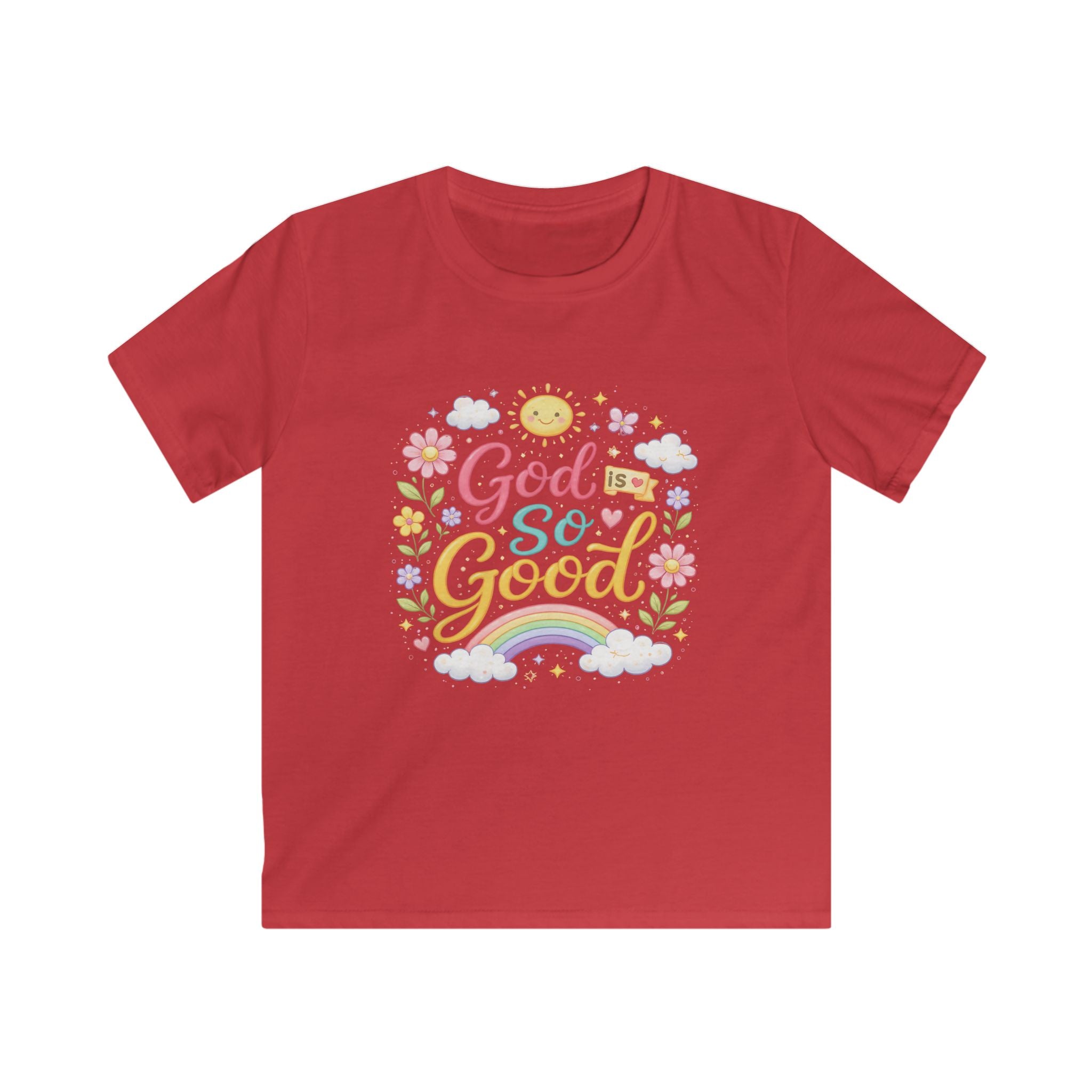 Kids Tee — "God Is So Good" Pastel Rainbow Christian Shirt