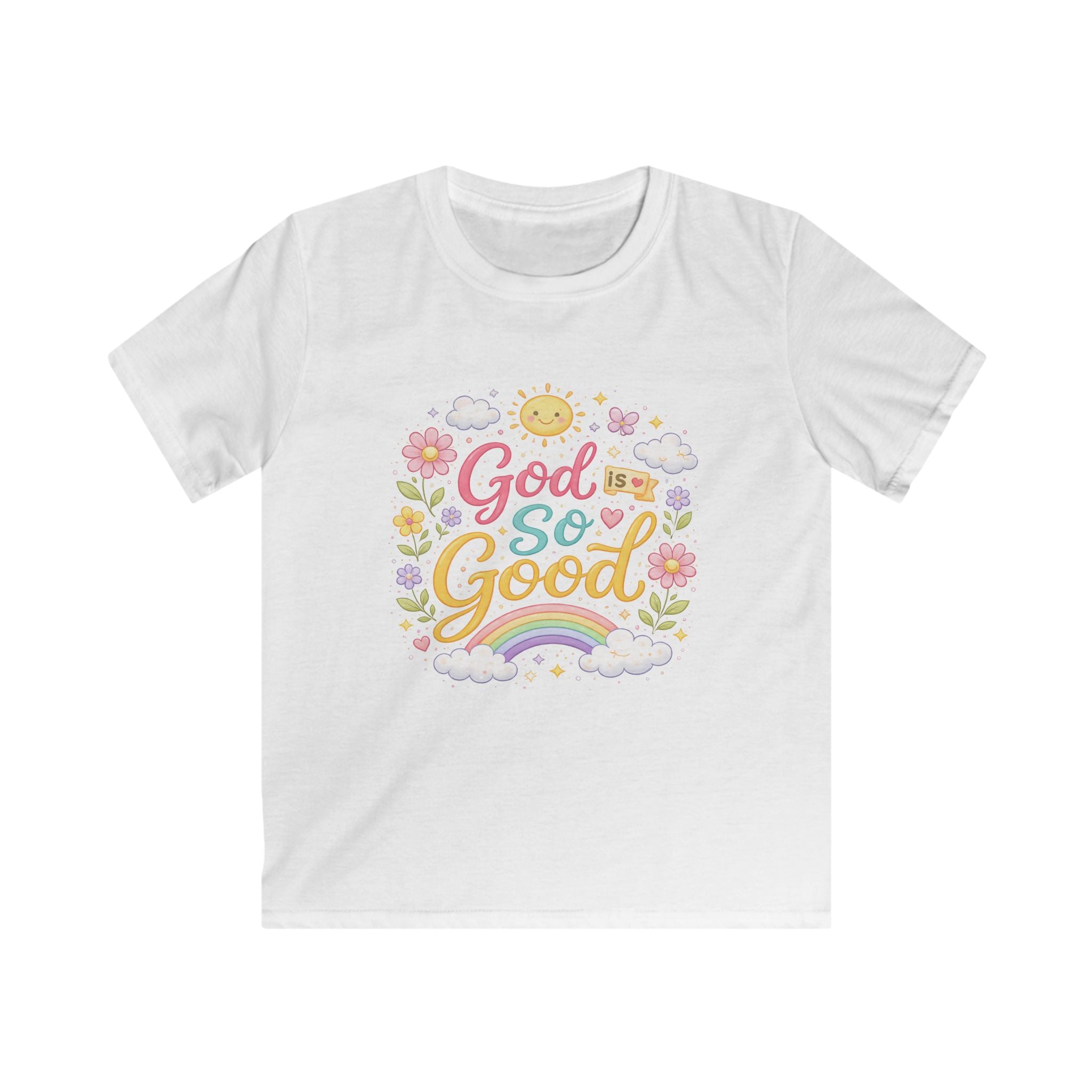 Kids Tee — "God Is So Good" Pastel Rainbow Christian Shirt