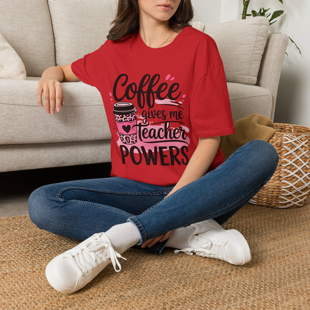 Teacher Coffee T‑Shirt — "Coffee Gives Me Teacher Powers" Cute Pink Travel Mug Design