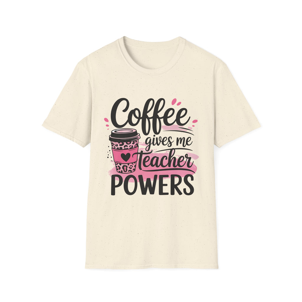 Teacher Coffee T‑Shirt — "Coffee Gives Me Teacher Powers" Cute Pink Travel Mug Design