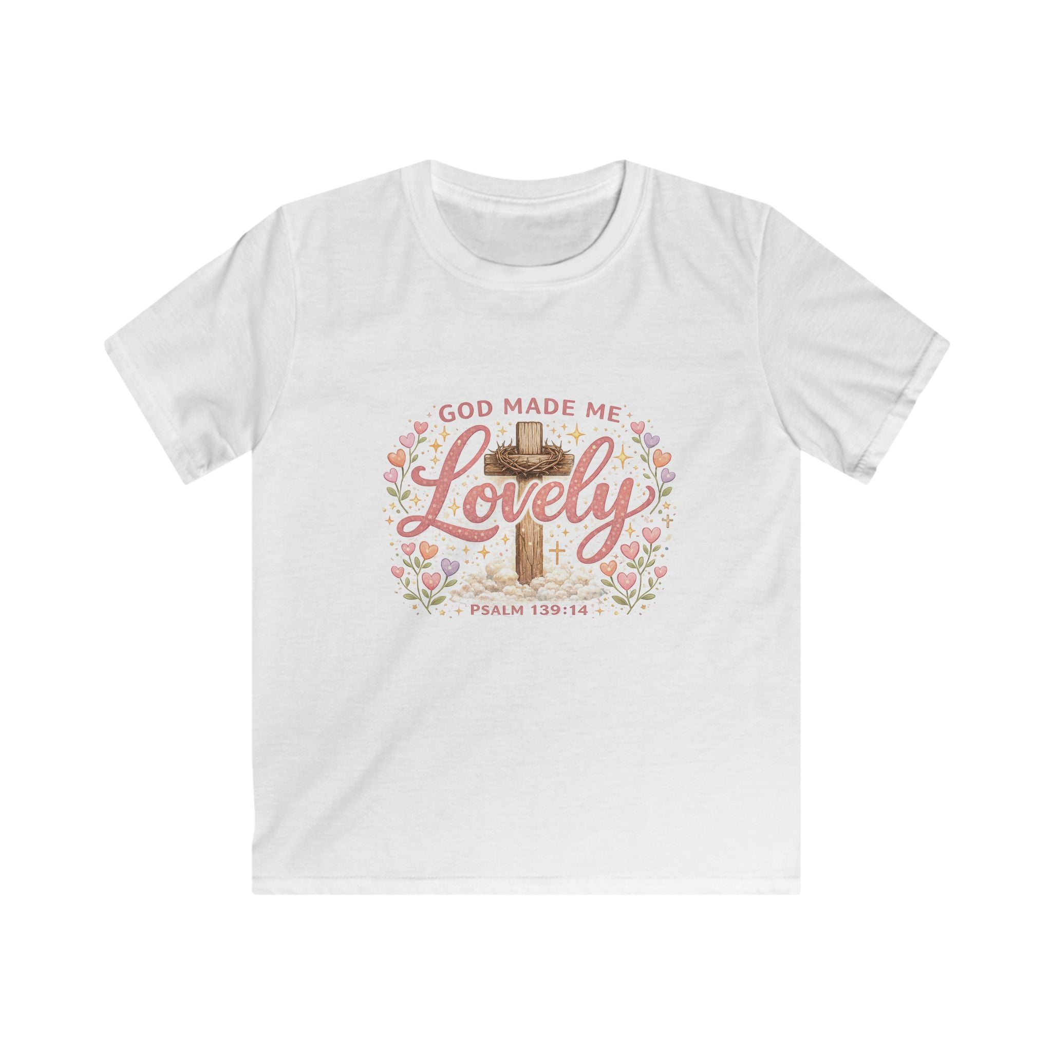 Kids Tee — "God Made Me Lovely" Floral Psalm 139:14 Christian Shirt