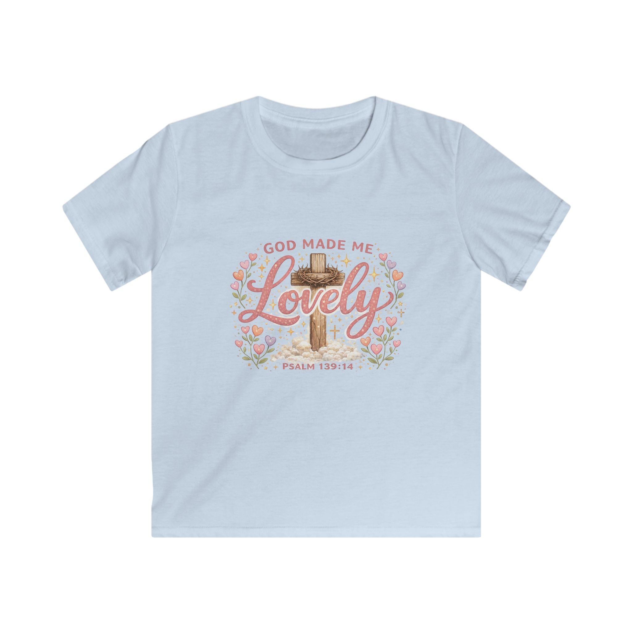 Kids Tee — "God Made Me Lovely" Floral Psalm 139:14 Christian Shirt