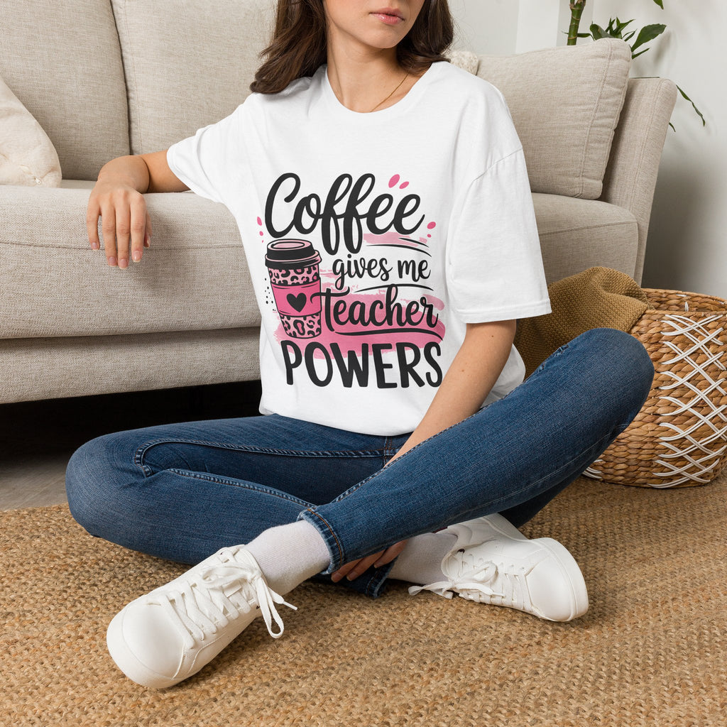 Teacher Coffee T‑Shirt — "Coffee Gives Me Teacher Powers" Cute Pink Travel Mug Design
