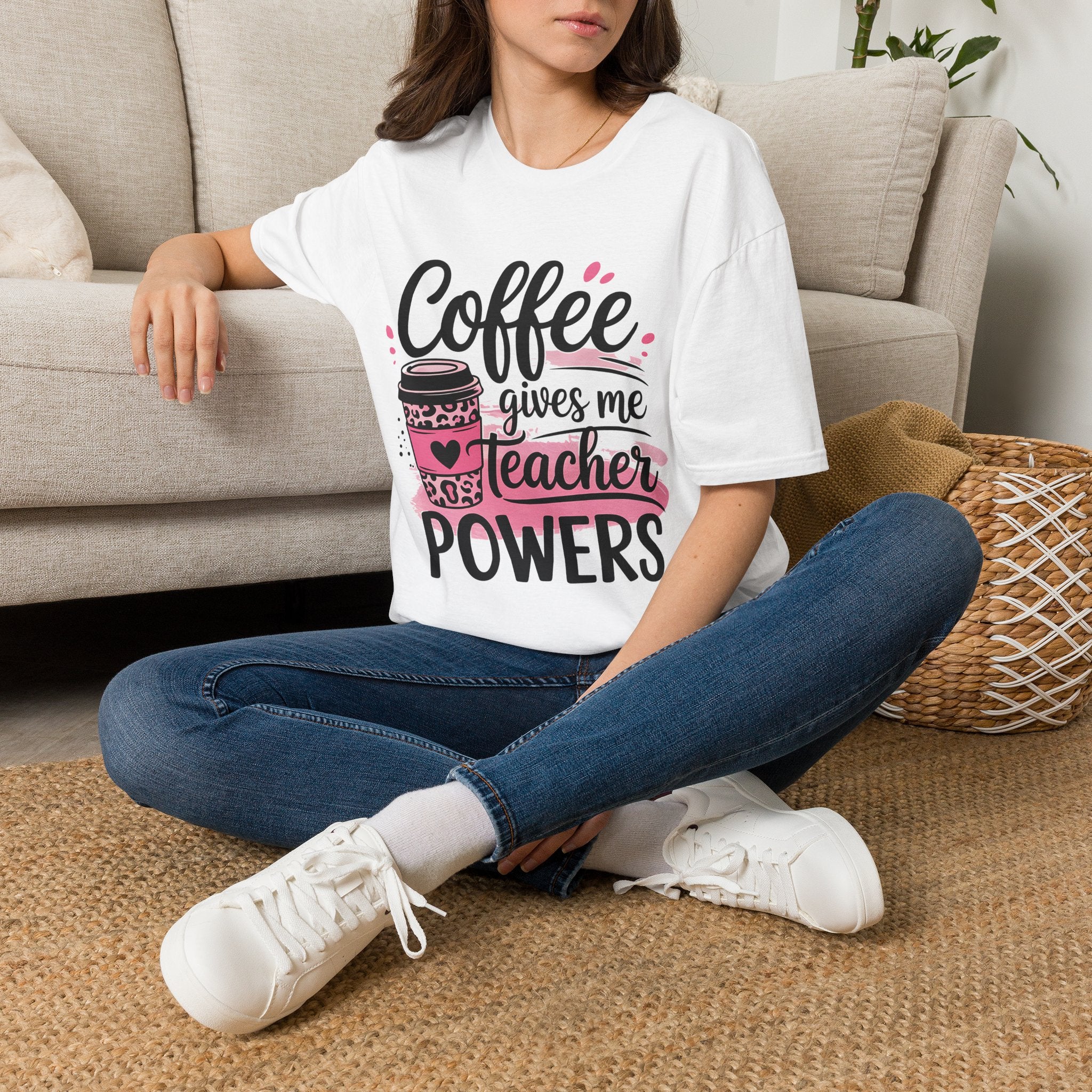 Teacher Coffee T‑Shirt — "Coffee Gives Me Teacher Powers" Cute Pink Travel Mug Design
