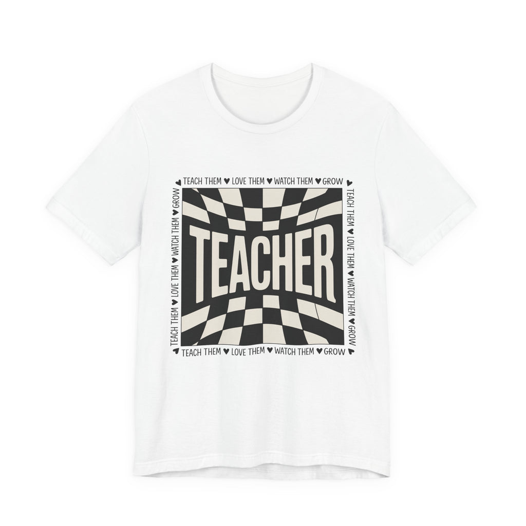 Teacher Checkerboard Graphic Tee — "Teacher" Text Design, Gift for Educators