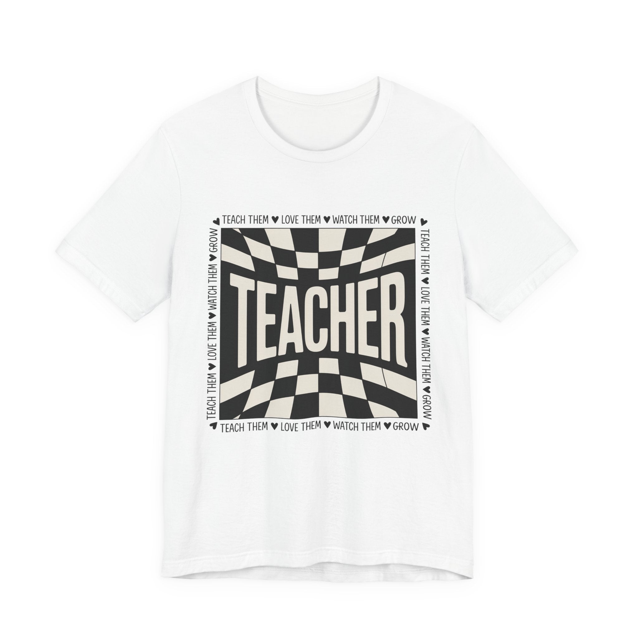 Teacher Checkerboard Graphic Tee — "Teacher" Text Design, Gift for Educators