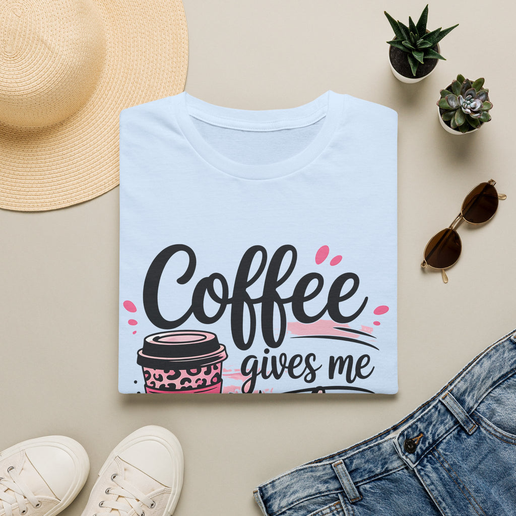 Teacher Coffee T‑Shirt — "Coffee Gives Me Teacher Powers" Cute Pink Travel Mug Design