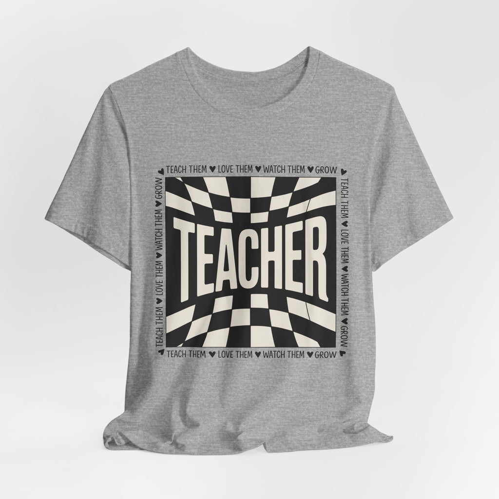 Teacher Checkerboard Graphic Tee — "Teacher" Text Design, Gift for Educators