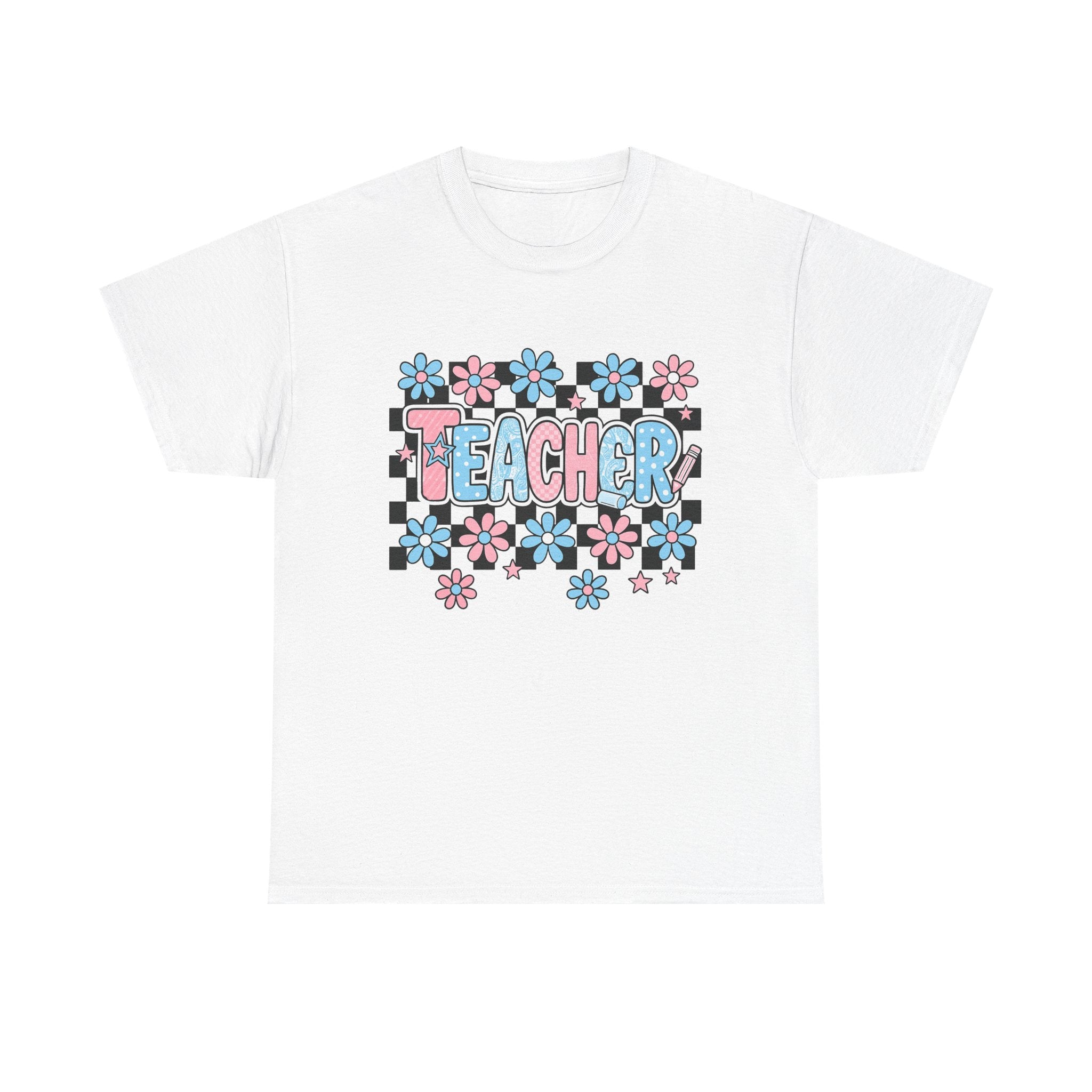 Teacher Floral Tee — Retro Checkerboard Daisy Graphic Shirt