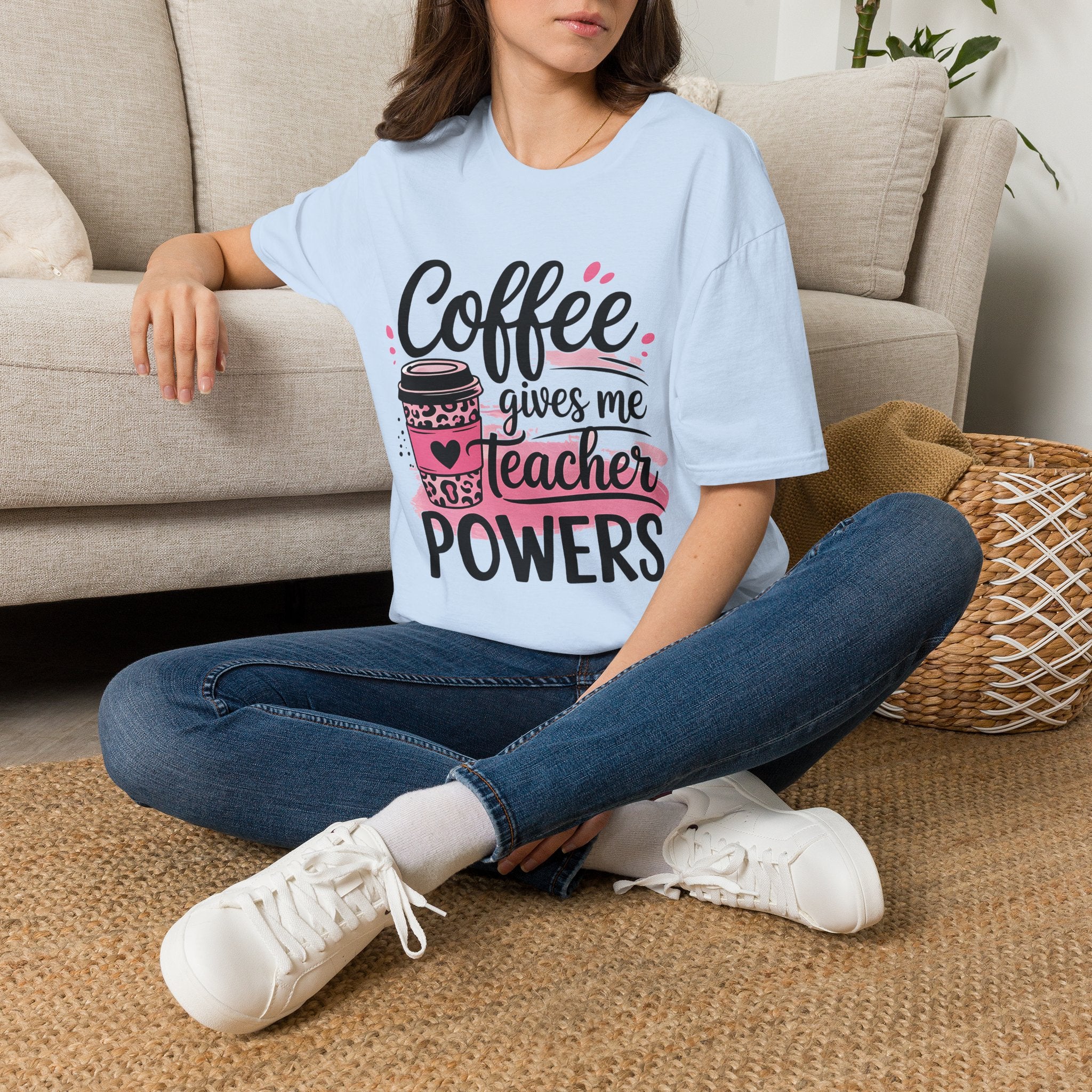 Teacher Coffee T‑Shirt — "Coffee Gives Me Teacher Powers" Cute Pink Travel Mug Design
