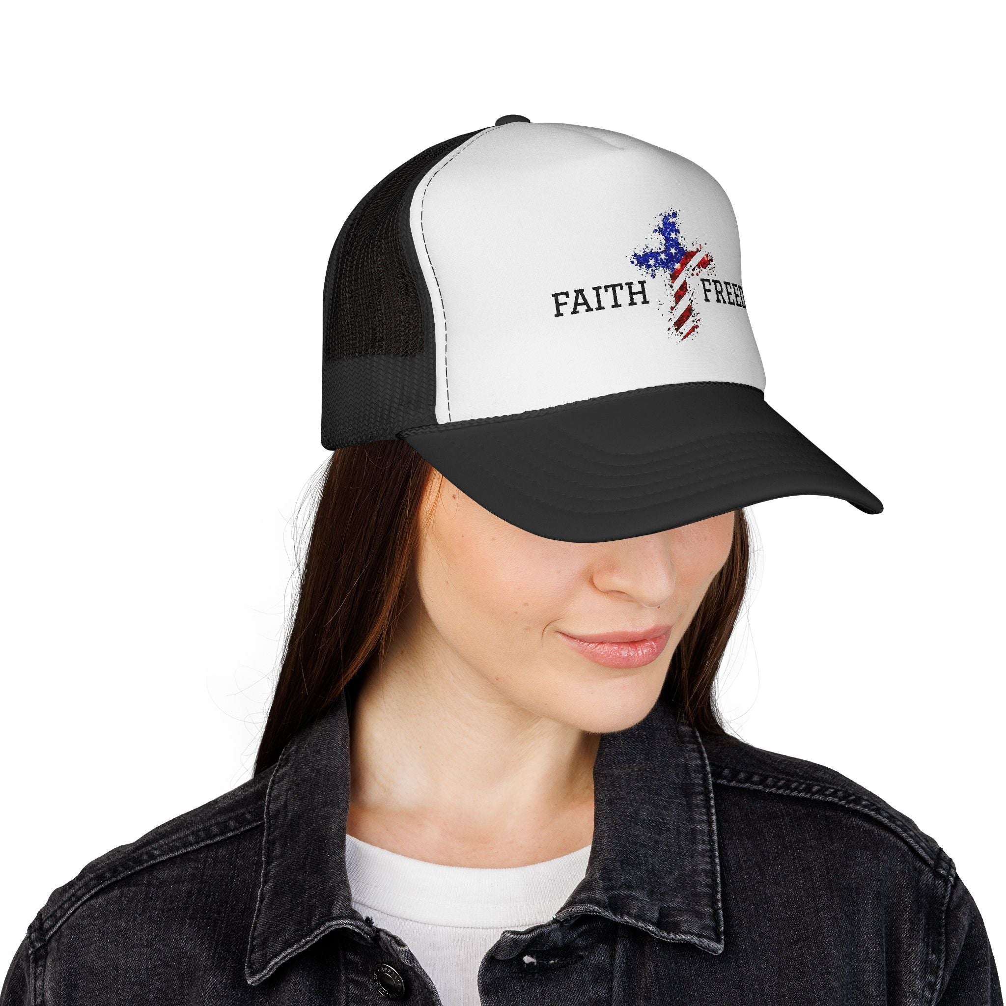 Faith & Freedom Trucker Hat — American Flag Cross Mesh Cap