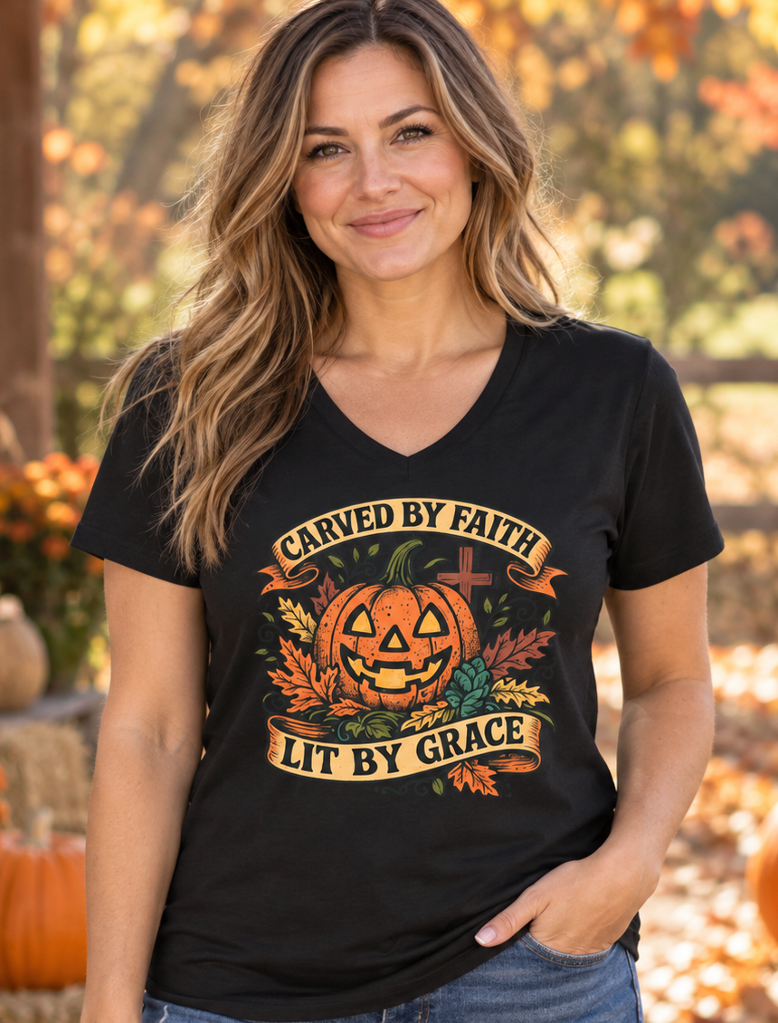 Carved by Faith, Lit by Grace V-Neck Tee — Christian Pumpkin Halloween Shirt
