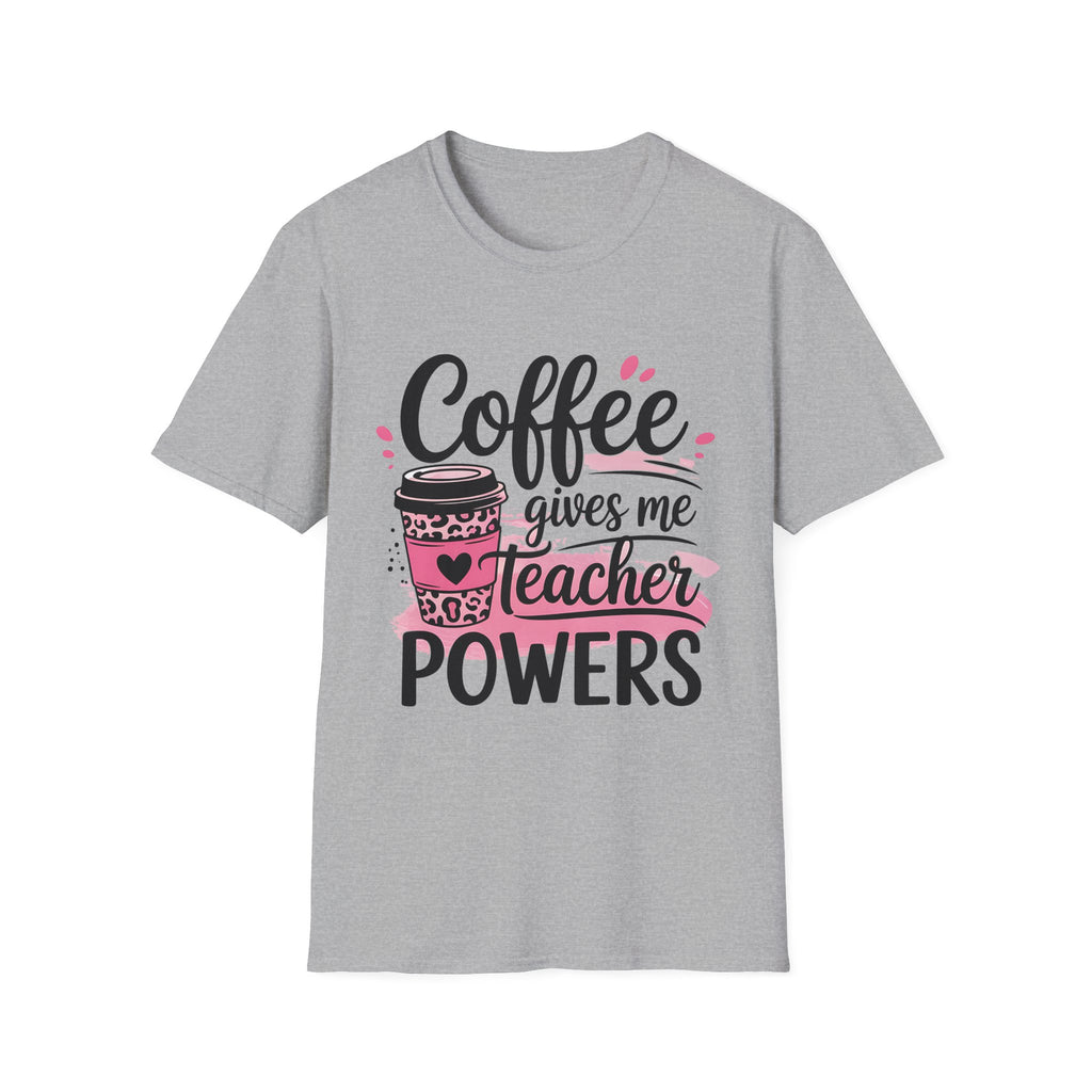 Teacher Coffee T‑Shirt — "Coffee Gives Me Teacher Powers" Cute Pink Travel Mug Design