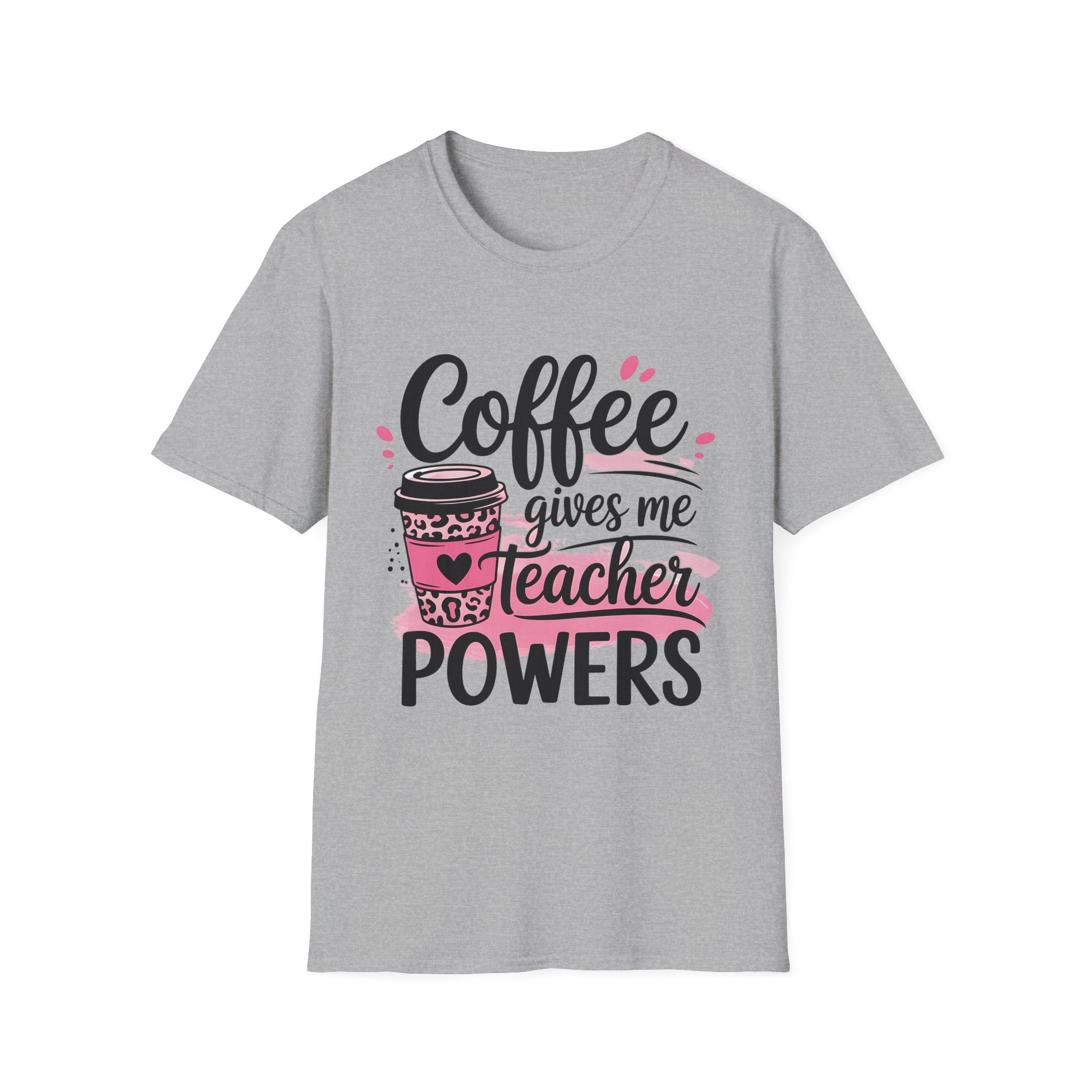 Teacher Coffee T‑Shirt — "Coffee Gives Me Teacher Powers" Cute Pink Travel Mug Design