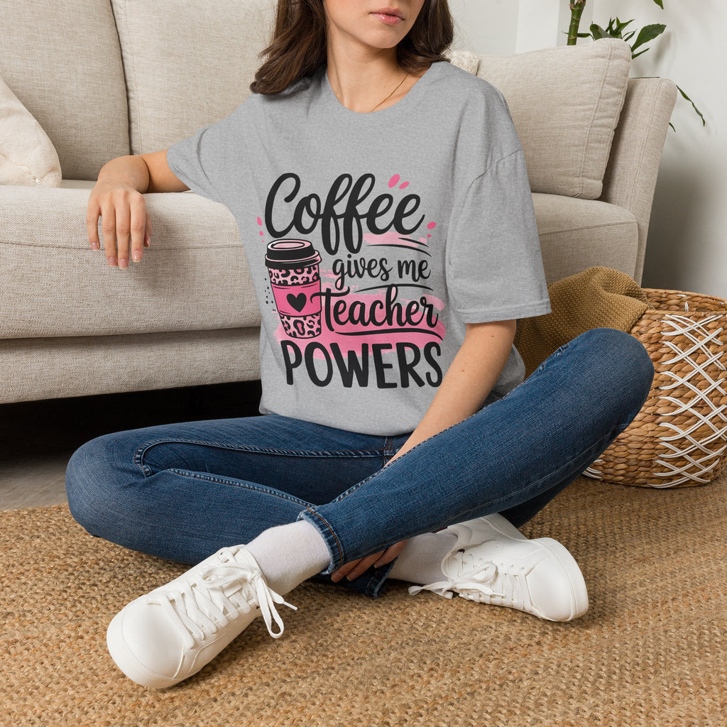 Teacher Coffee T‑Shirt — "Coffee Gives Me Teacher Powers" Cute Pink Travel Mug Design