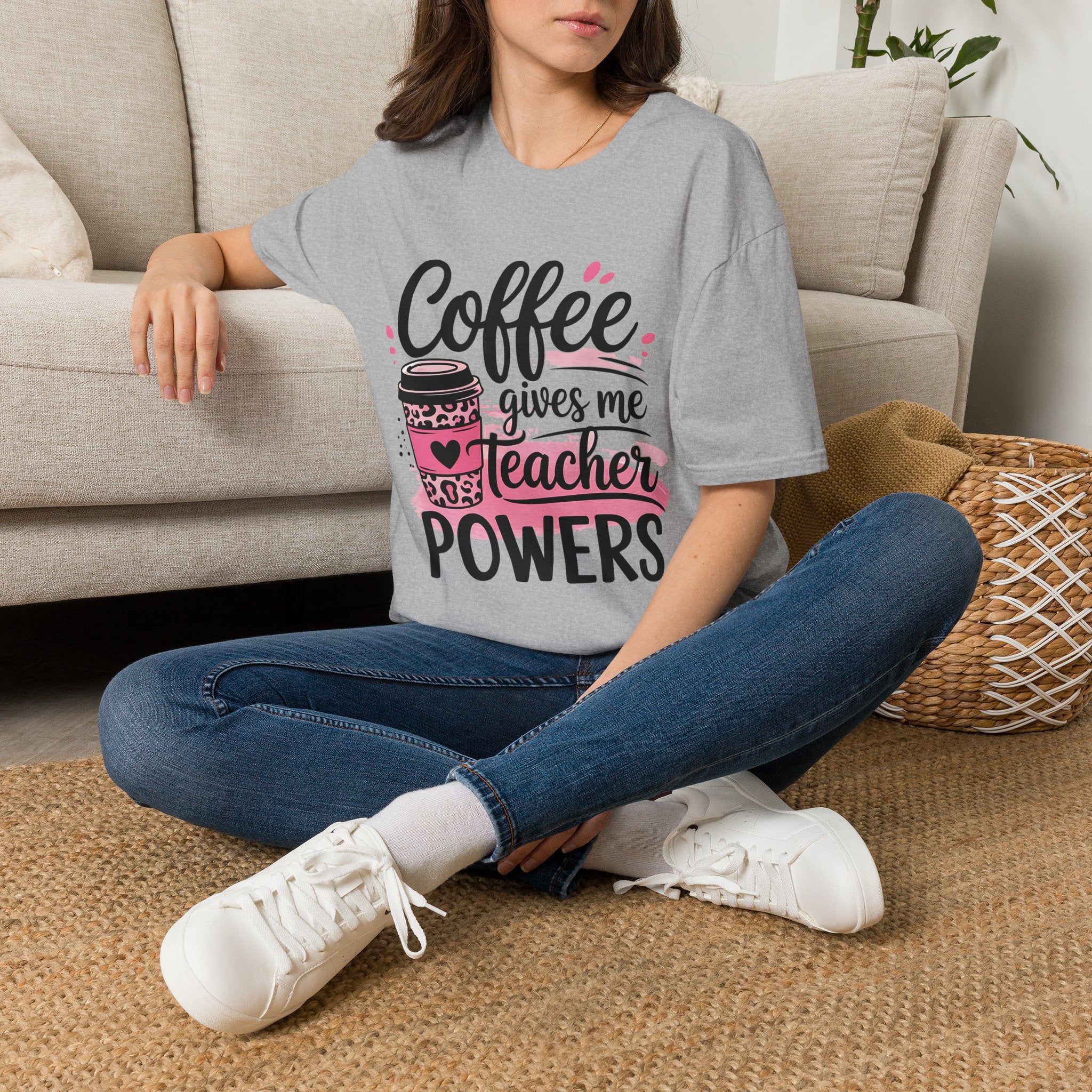 Teacher Coffee T‑Shirt — "Coffee Gives Me Teacher Powers" Cute Pink Travel Mug Design
