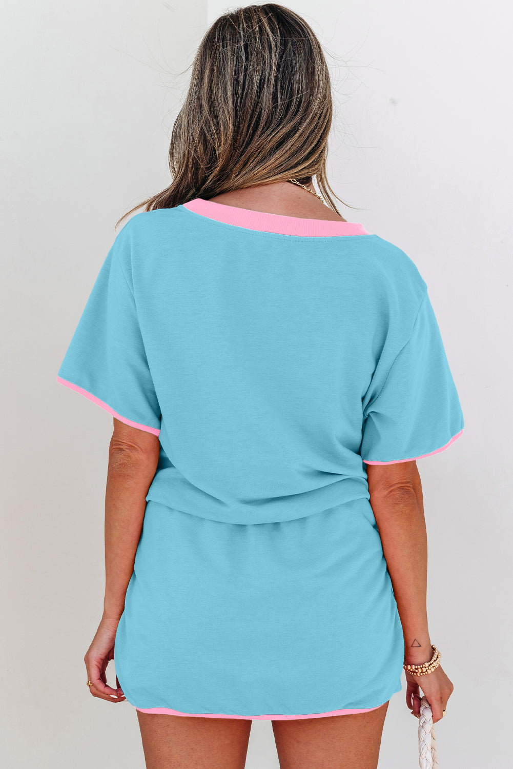 Evergreen Colorblock Edge Drop Shoulder T Shirt and Skort 2Pcs Set