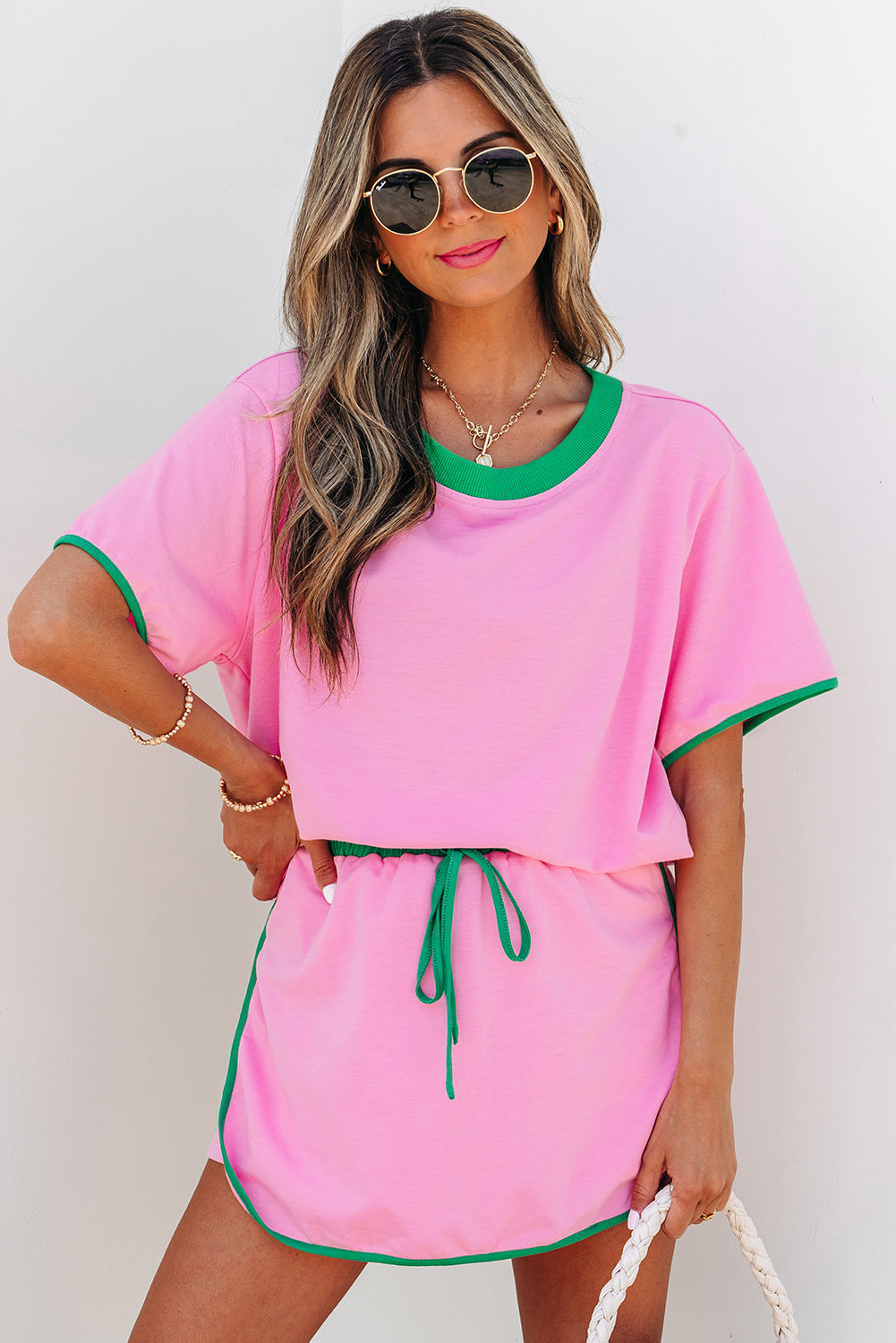 Evergreen Colorblock Edge Drop Shoulder T Shirt and Skort 2Pcs Set