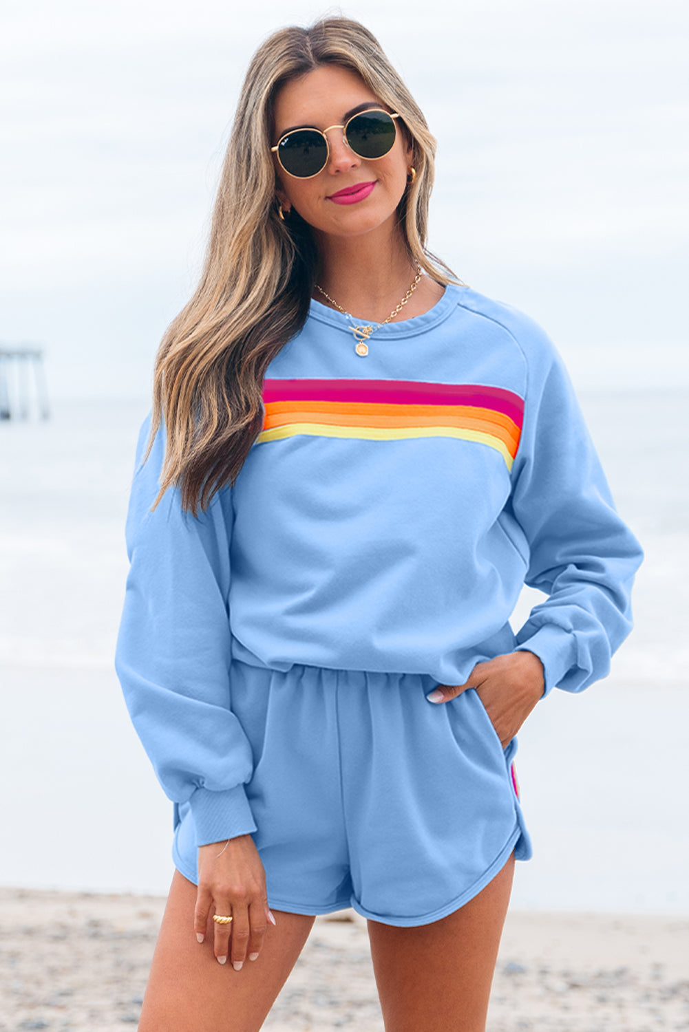 Bonbon Striped Accent Pullover and Shorts Two Piece Casual Set