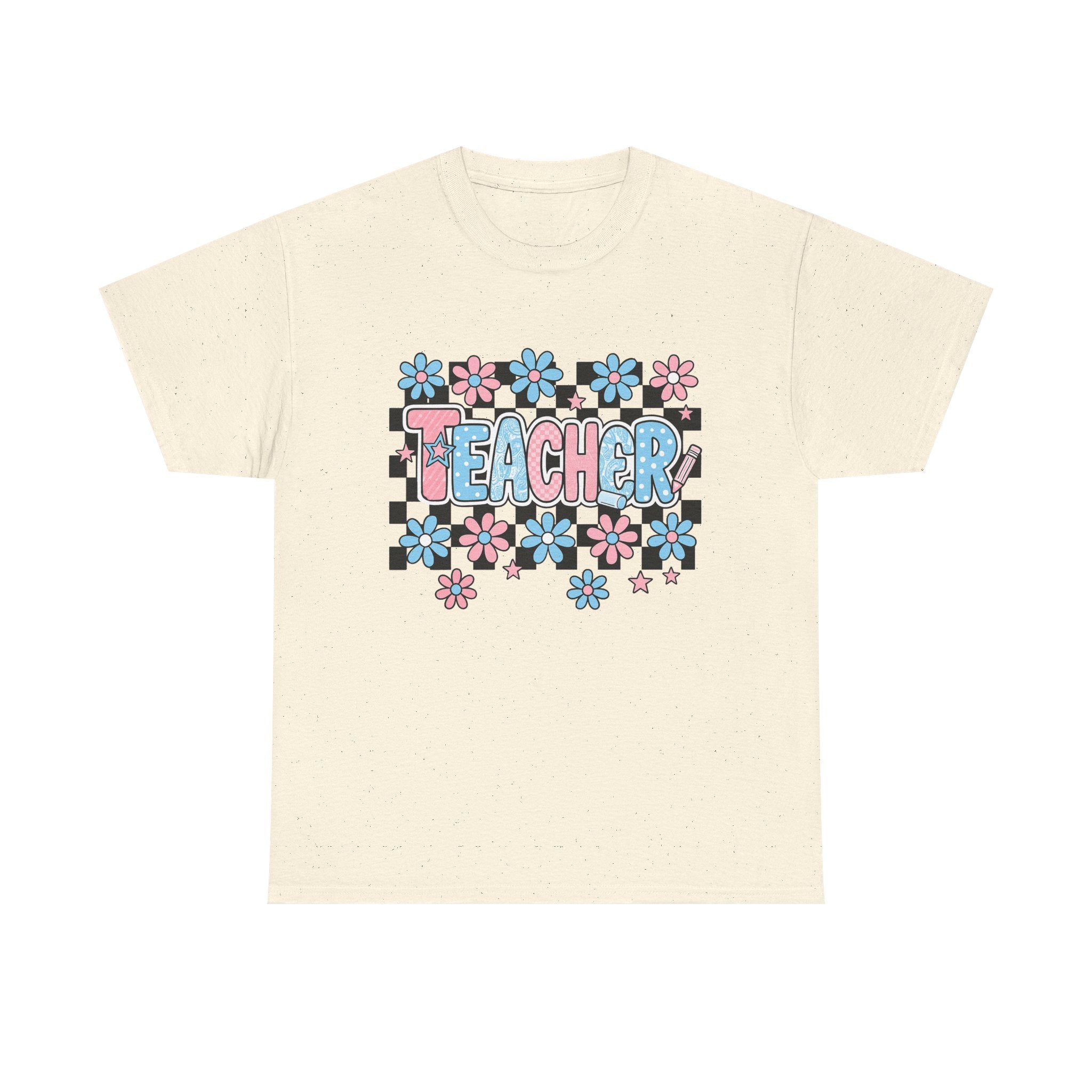 Teacher Floral Tee — Retro Checkerboard Daisy Graphic Shirt