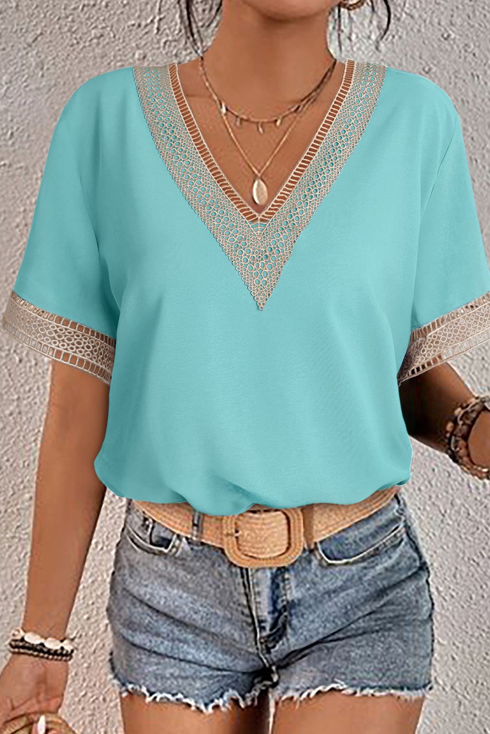 Black Lace Trim V Neck Short Sleeve Blouse