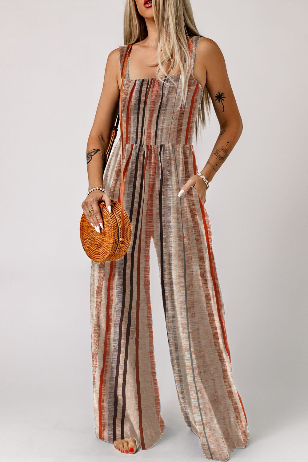 Yellow Stripe Square Neck Sleeveless Smocked Bodice Wide Leg Jumpsuit