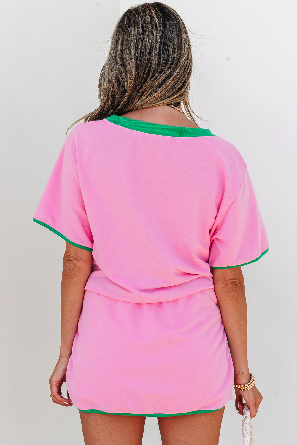 Evergreen Colorblock Edge Drop Shoulder T Shirt and Skort 2Pcs Set