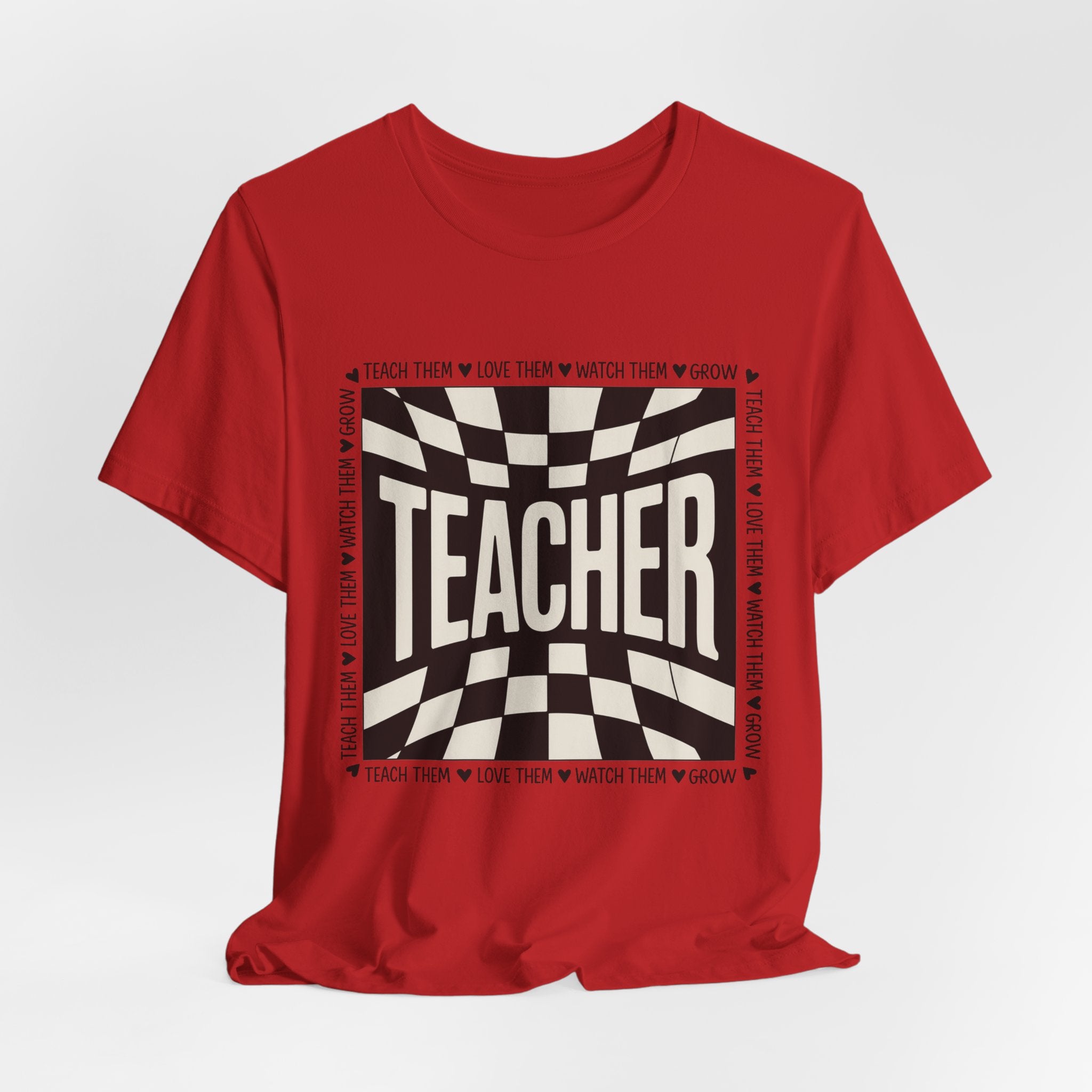 Teacher Checkerboard Graphic Tee — "Teacher" Text Design, Gift for Educators