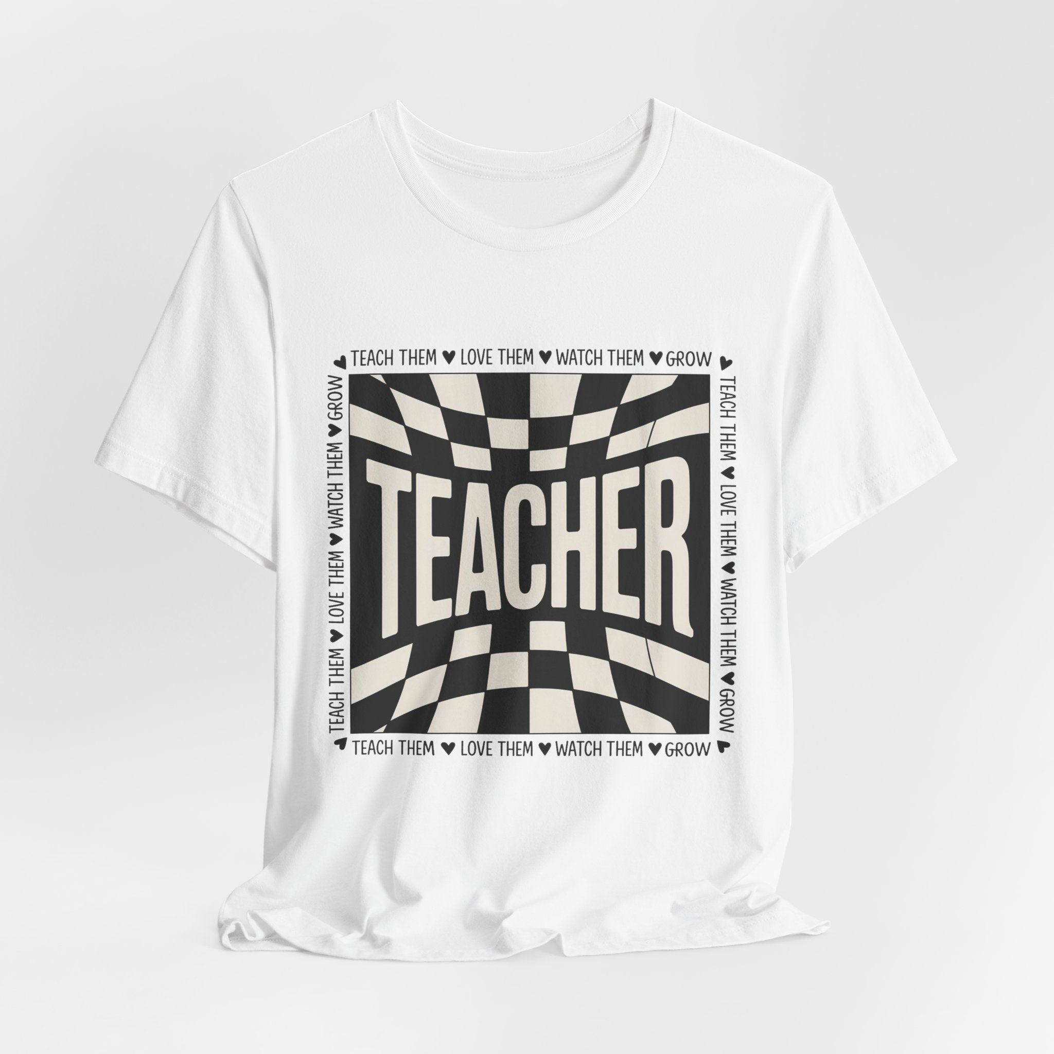 Teacher Checkerboard Graphic Tee — "Teacher" Text Design, Gift for Educators