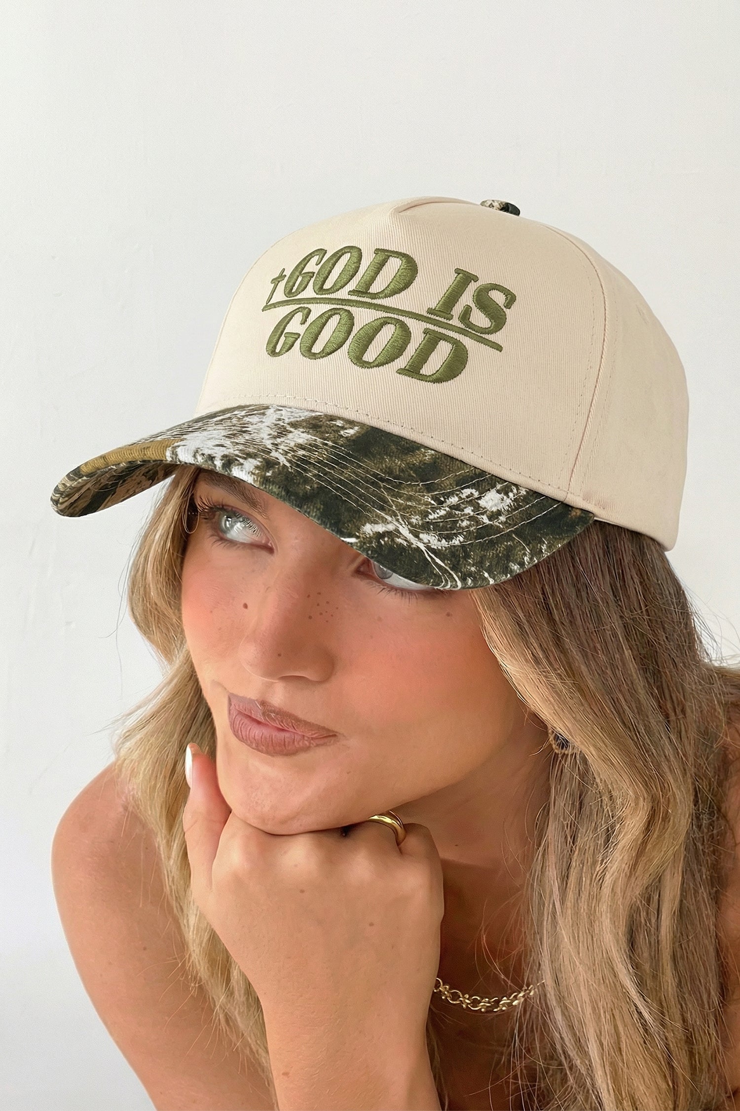 Spinach Green GOD IS GOOD Embroidered Camo Contrast Baseball Cap