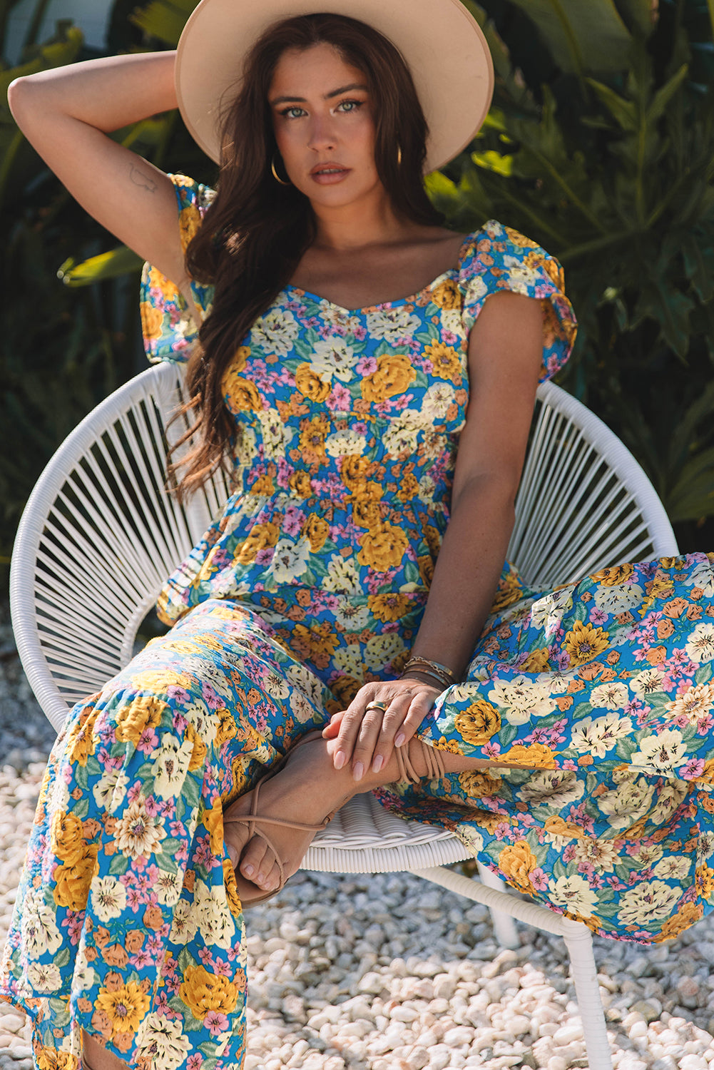Yellow Floral Allover Print Shirred Cut Out High Waist Jumpsuit