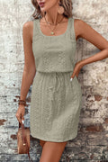 Four Leaf Clover Eyelet Textured Square Neck Drawstring Dress