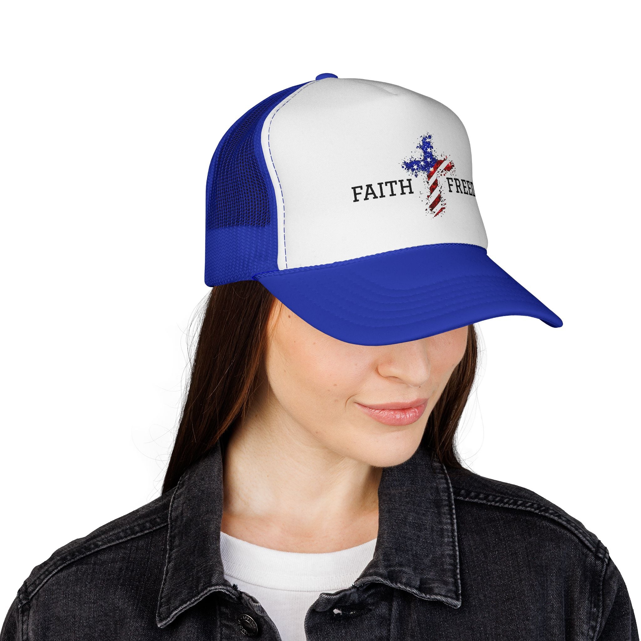 Faith & Freedom Trucker Hat — American Flag Cross Mesh Cap