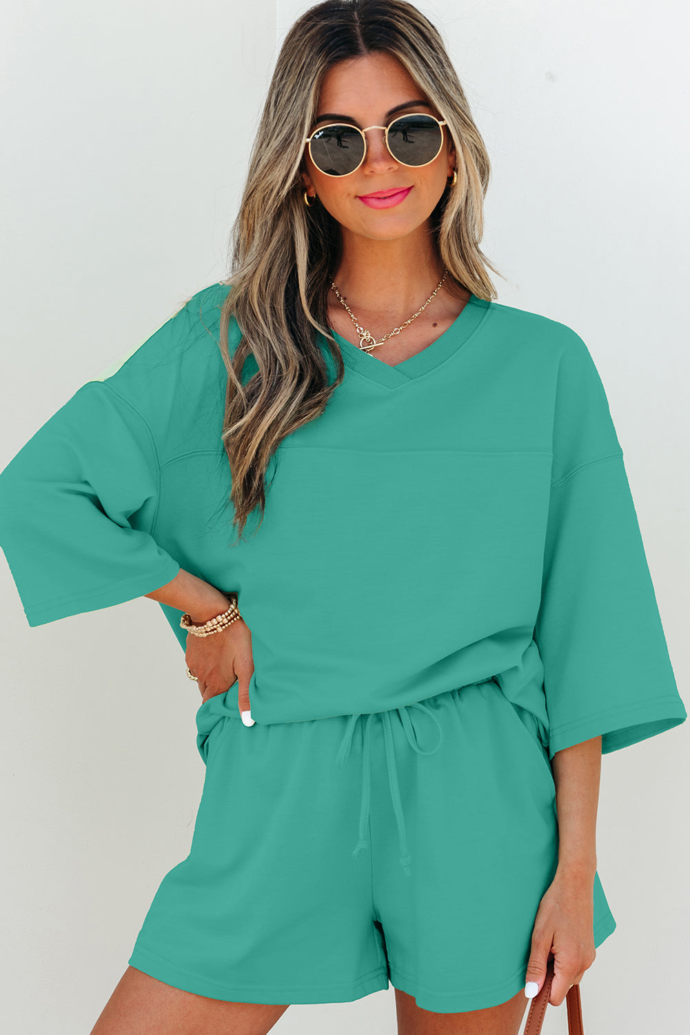 Meadow Mist Green Solid Loose V Neck Half Sleeve Tee and Shorts