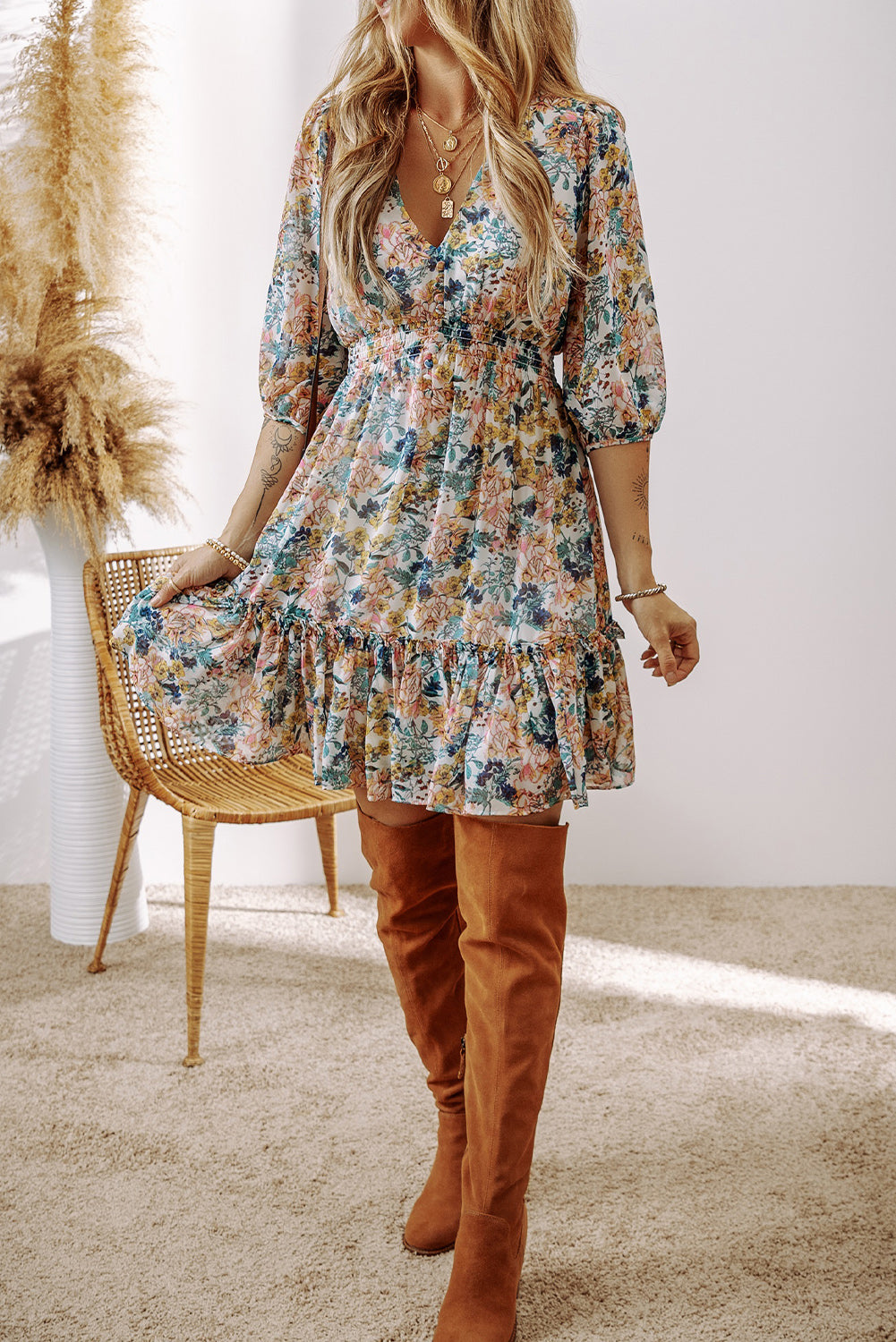 V Neck High Waist Ruffled Dress